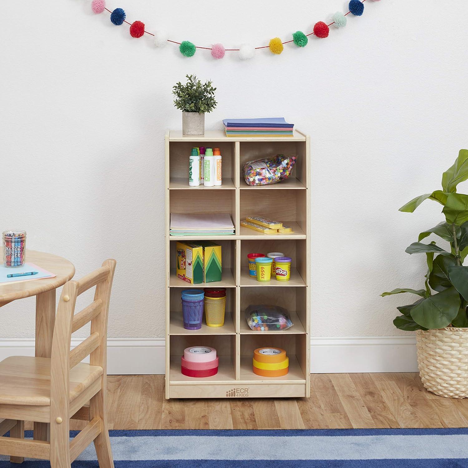 Natural Birch 10-Cubby Mobile Tray Storage Cabinet for Kids