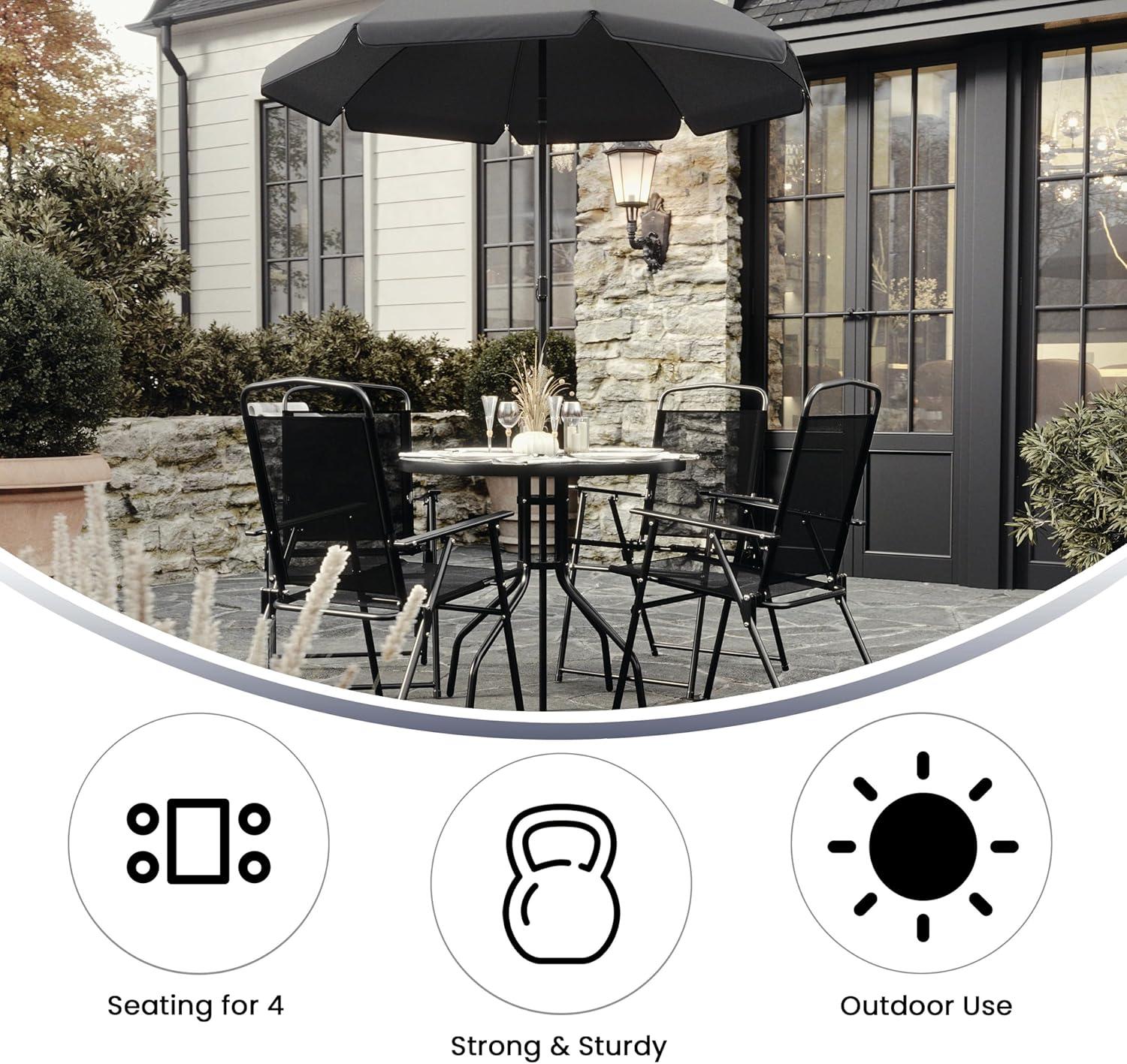 Flash Furniture Nantucket 6 Piece Patio Garden Set with Table, Umbrella and 4 Folding Chairs