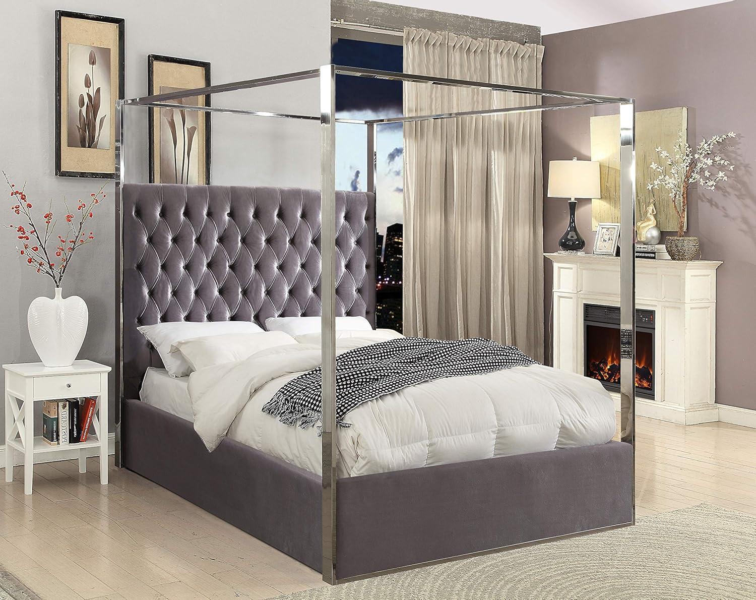 Regal Grey Velvet Tufted Queen Canopy Bed with Chrome Frame