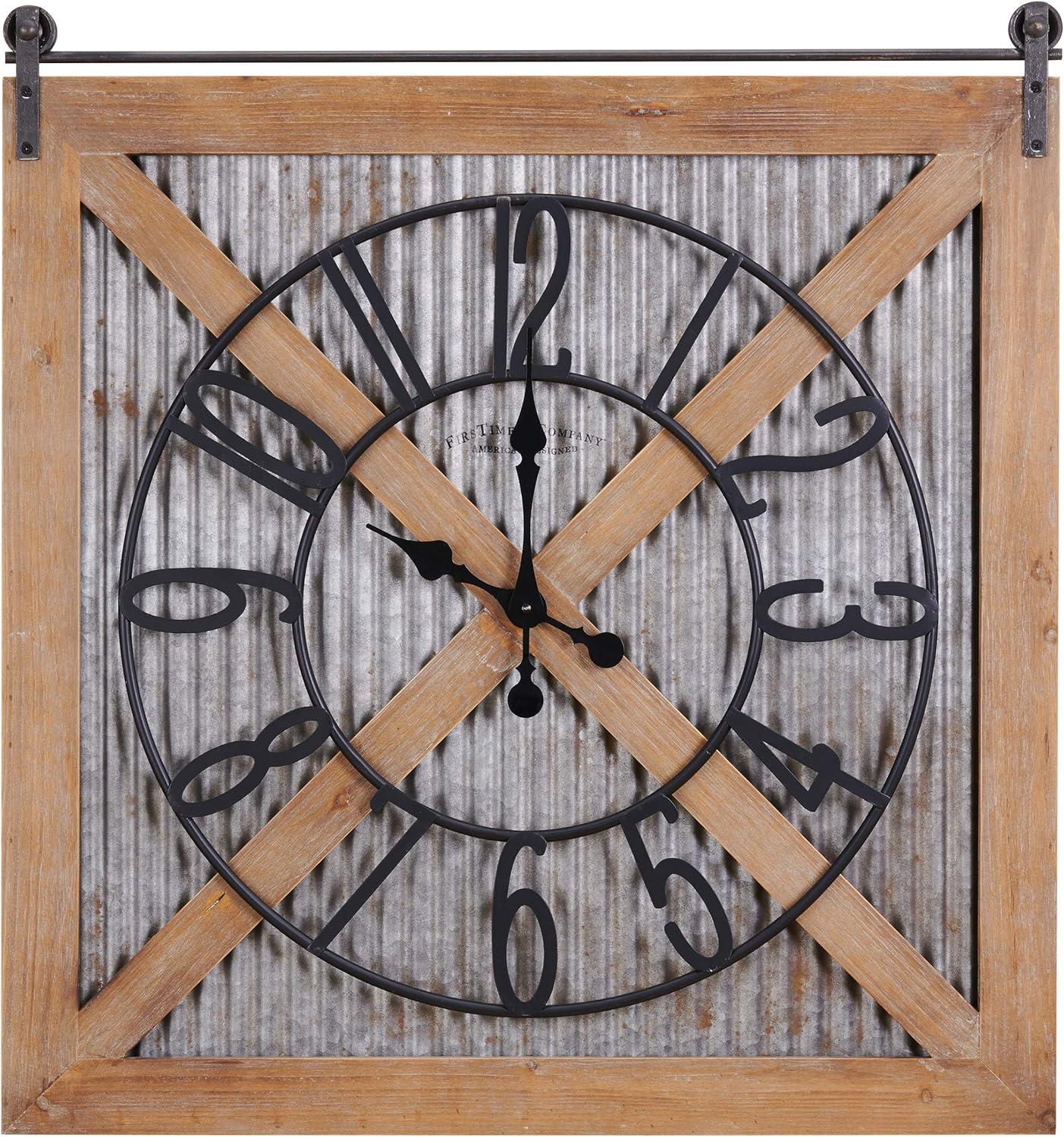 FirsTime & Co. Brown And Silver Fieldhaven Barn Door Wall Clock, Farmhouse, Analog, 27 x 2 x 29 in
