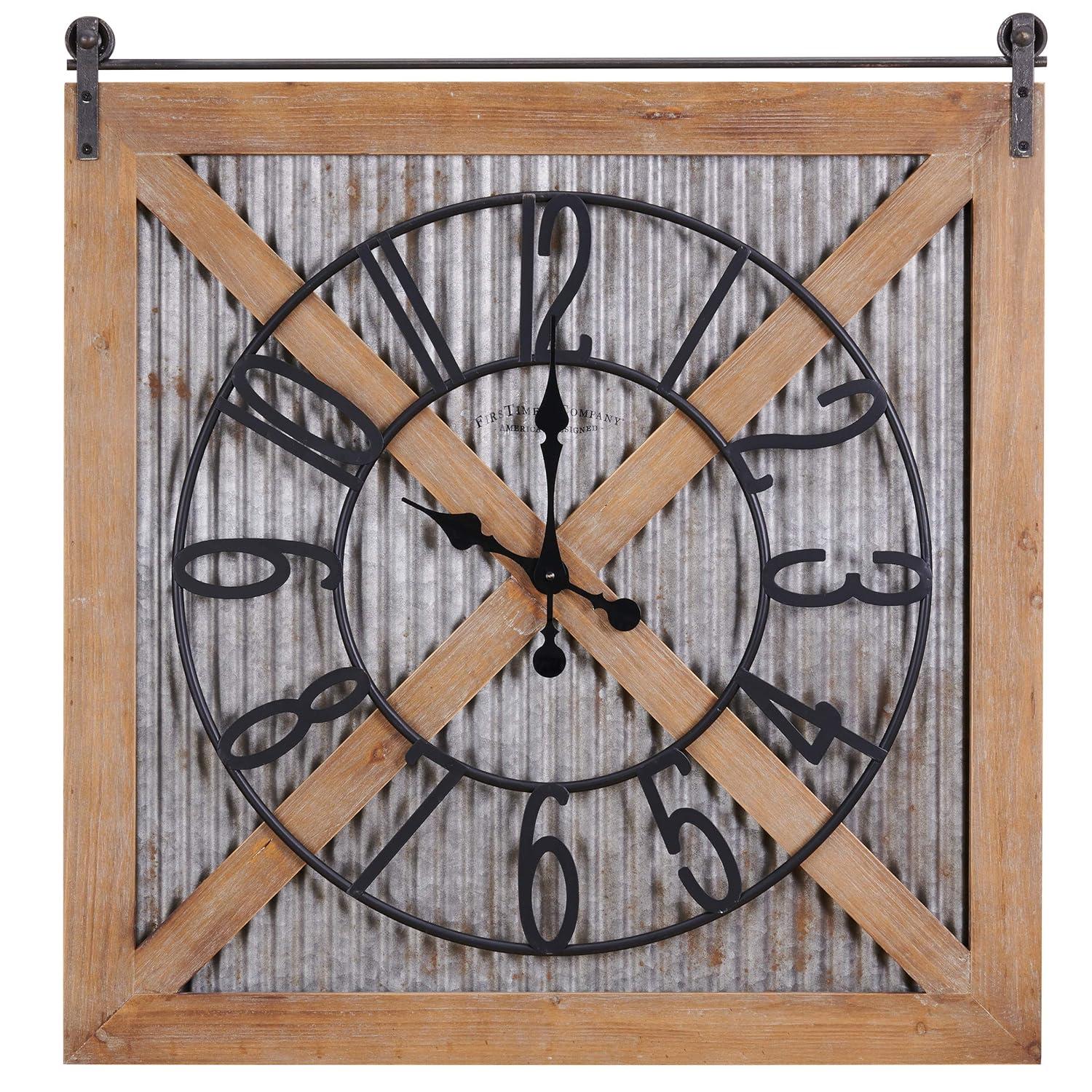 FirsTime & Co. Brown And Silver Fieldhaven Barn Door Wall Clock, Farmhouse, Analog, 27 x 2 x 29 in