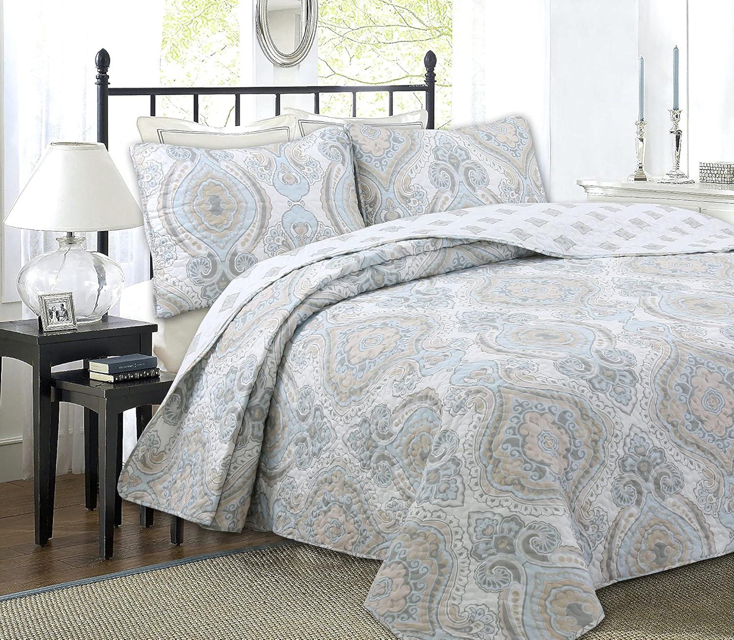 Cozy Line Home Fashion Modern Medallion Sky Blue Tan Gray Brocade Geometric Shapes Quilt Set
