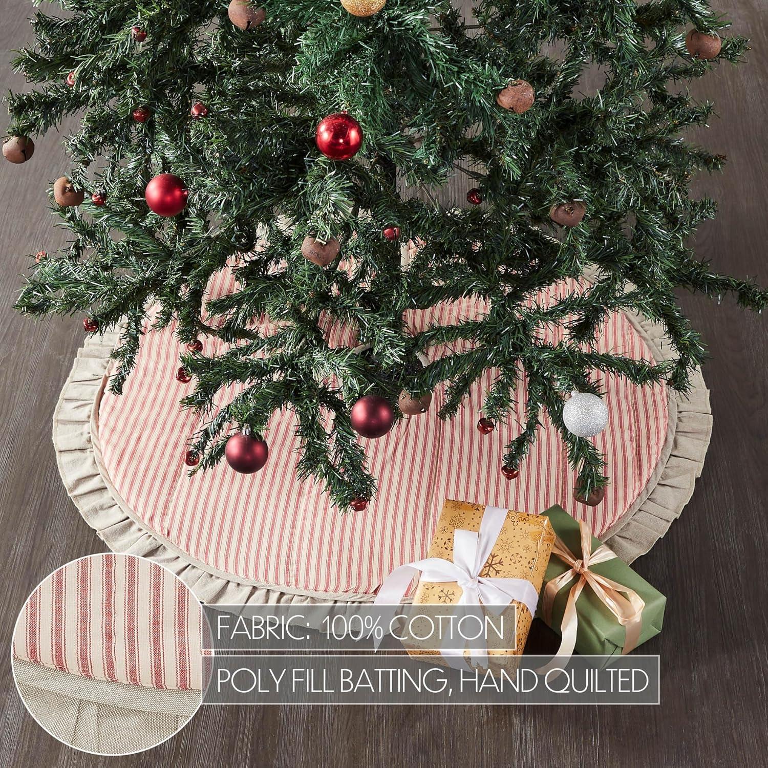 36" Red Ticking Stripe Farmhouse Tree Skirt with Ruffled Edge