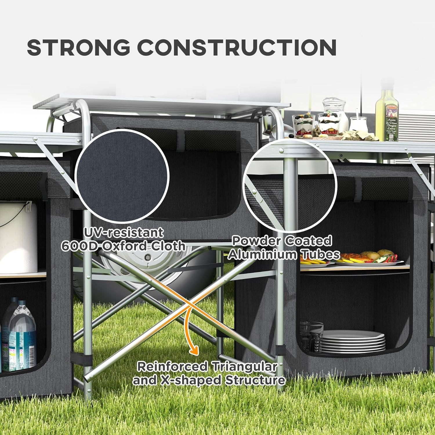 Outsunny Camping Kitchen Table, Portable Folding Camp Kitchen, Aluminum Cook Station with 3 Fabric Cupboards, Windshield, Carrying Bag, Black
