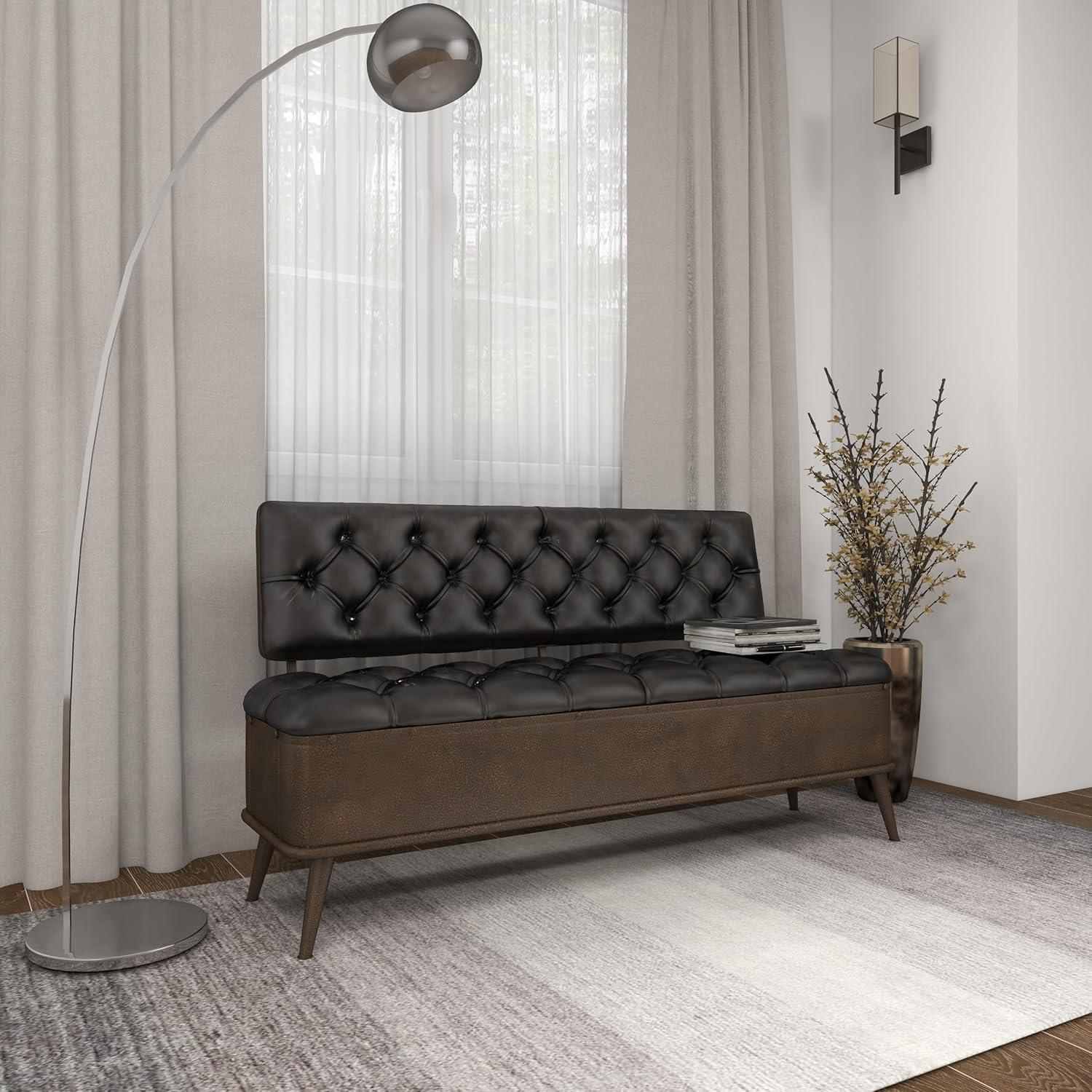 Williston Forge Black Metal Room Storage Bench with Tufted Faux Leather, 54" x 19" x 31"