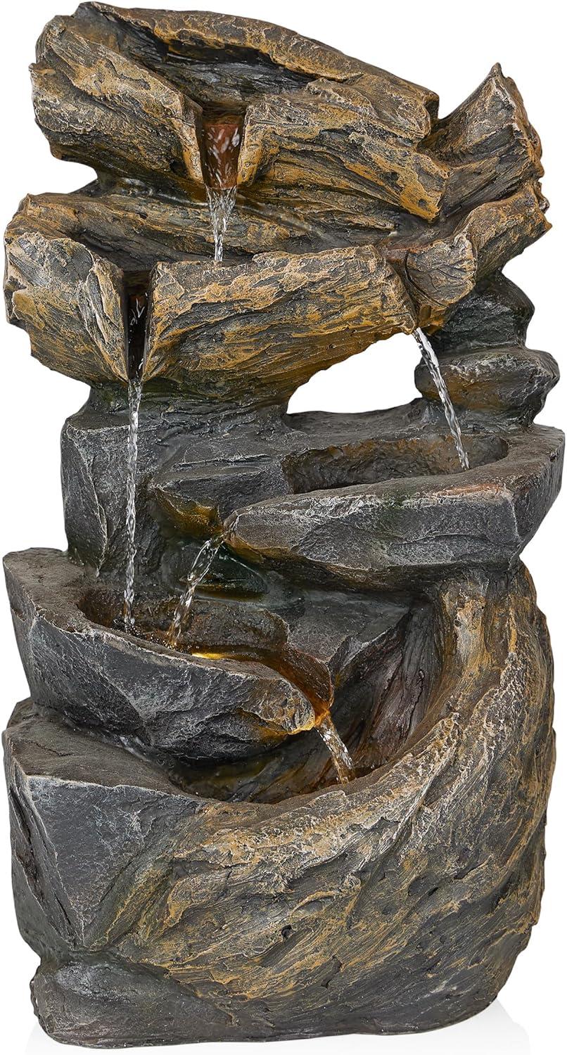 Alpine Corporation 24" Cascading Rock Fountain: Polyresin, LED-Lit, Outdoor Decor, Electric-powered