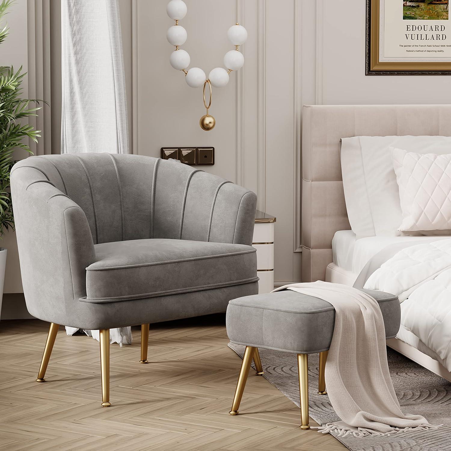 Gray Velvet Barrel Accent Chair with Ottoman and Gold Legs