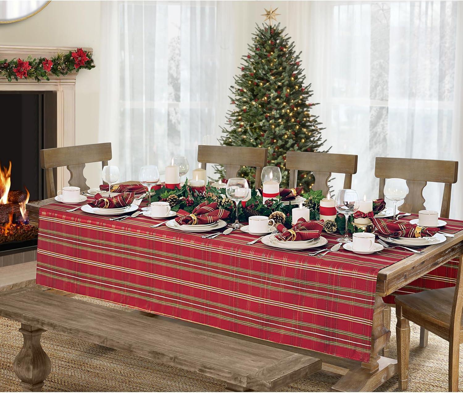 Shimmering Red Plaid Christmas Fabric Tablecloth, 52" x 70"