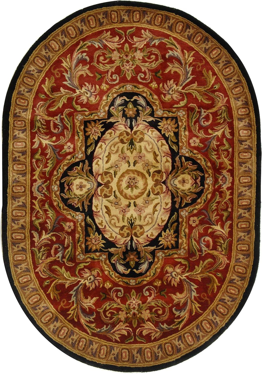 SAFAVIEH Classic Kirsteen Floral Bordered Wool Area Rug, Red/Black, 4'6" x 6'6" Oval