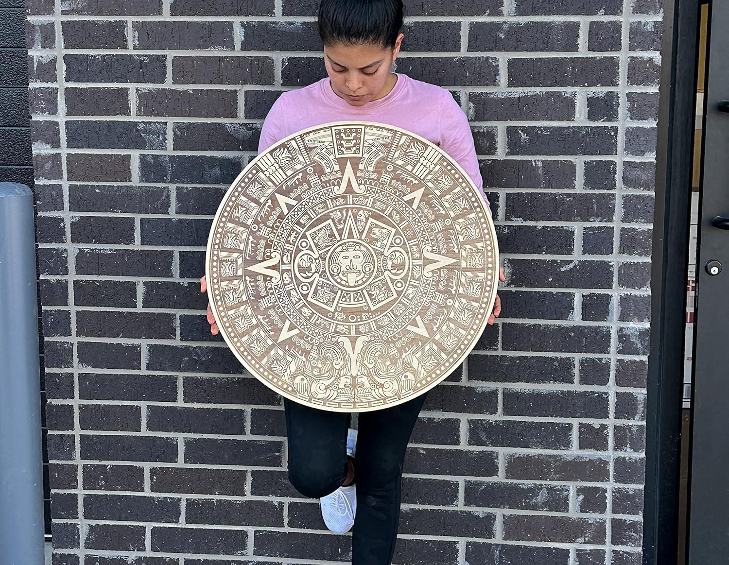 Urbalabs Wood Aztec Calendar Wall Decor 12" Inch Wall Hanging Mexico Aztec Calendar Mayan Calendar Cinco De Mayo Mexican Sun Azteca Calendario Laser Engraved Made In USA (12 Inch)