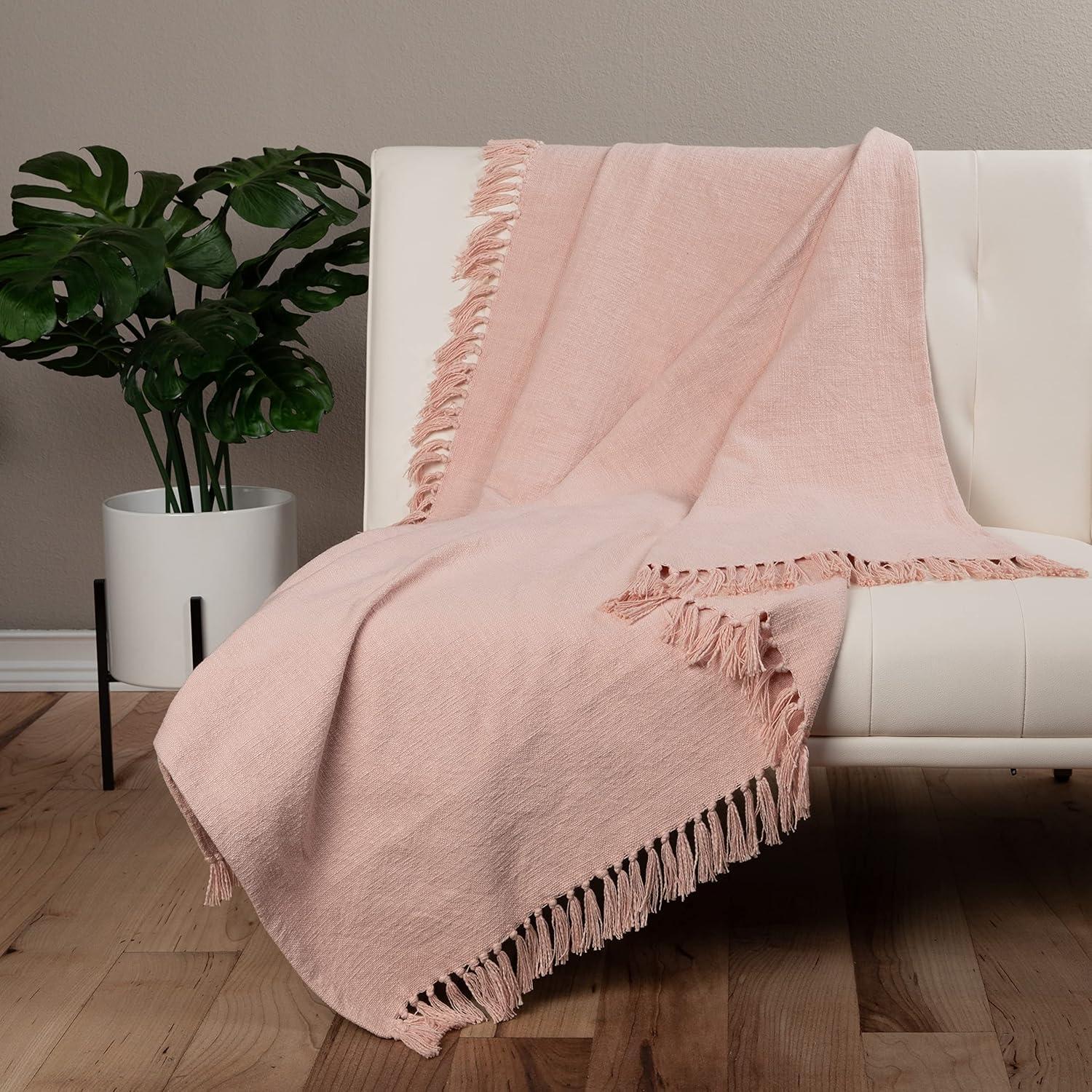 Sticky Toffee Cotton Throw Blanket for Couch, 60x50 in, Blush Pink Boho Woven Throw with Fringe, Textured Decorative Blankets