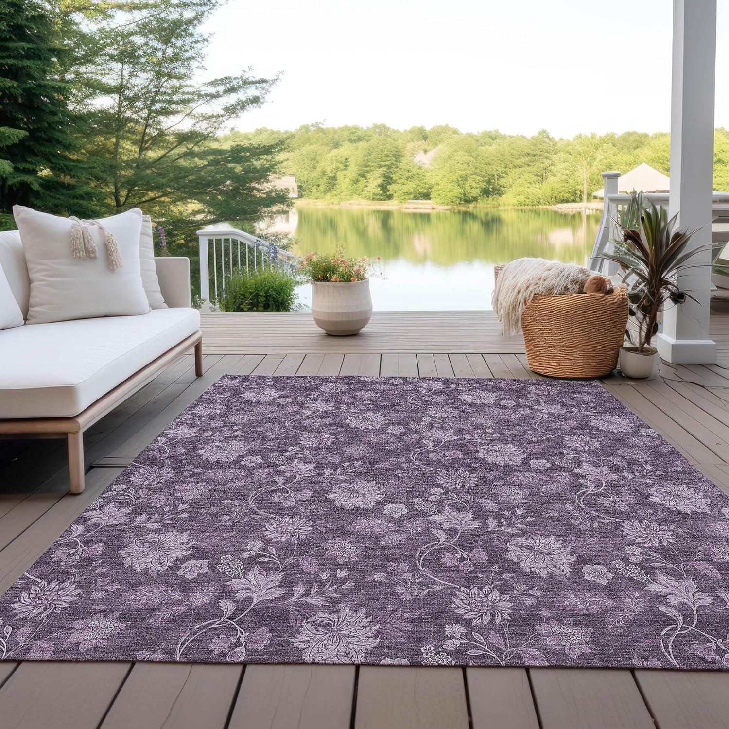 Plum Floral Rectangular Synthetic Indoor/Outdoor Area Rug