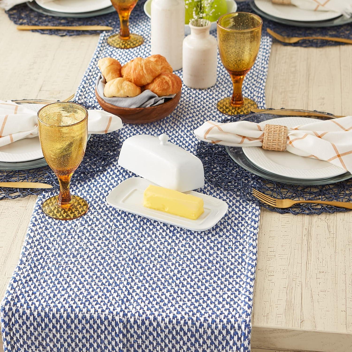 Design Imports  Woven Jacquard Fringe Table Runner, Nautical Blue, 15X72"
