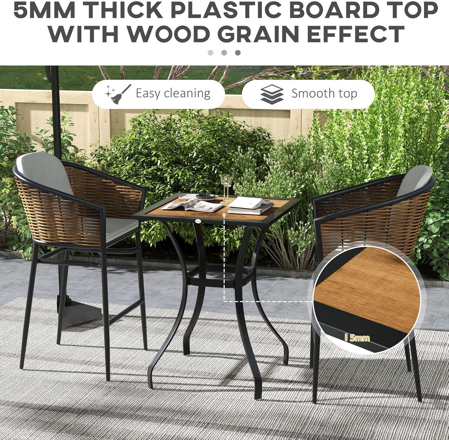 Outsunny 28" Outdoor Dining Table, Faux Wood Patio Furniture, Square Wood-Like Garden Table with Water Safe Design for Deck, Backyard, Lawn, Brown