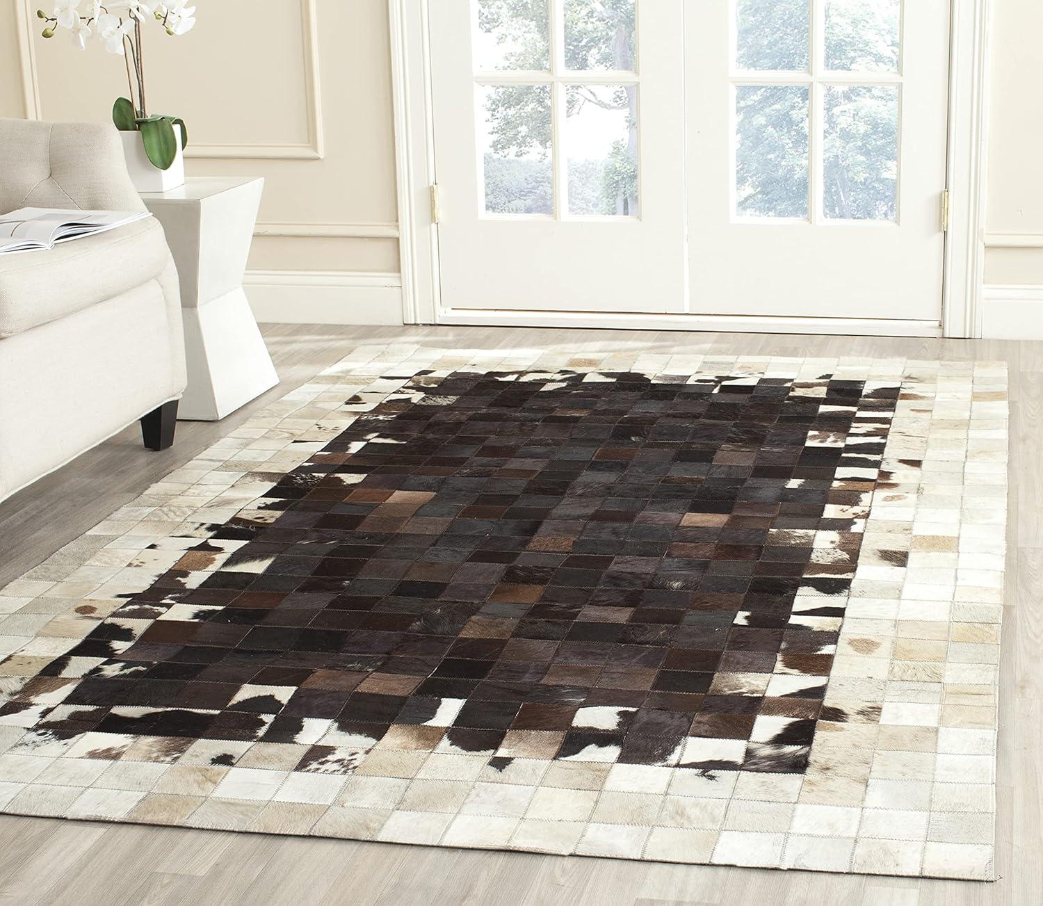 Ivory and Dark Brown Geometric Cowhide Area Rug, 3' x 5'