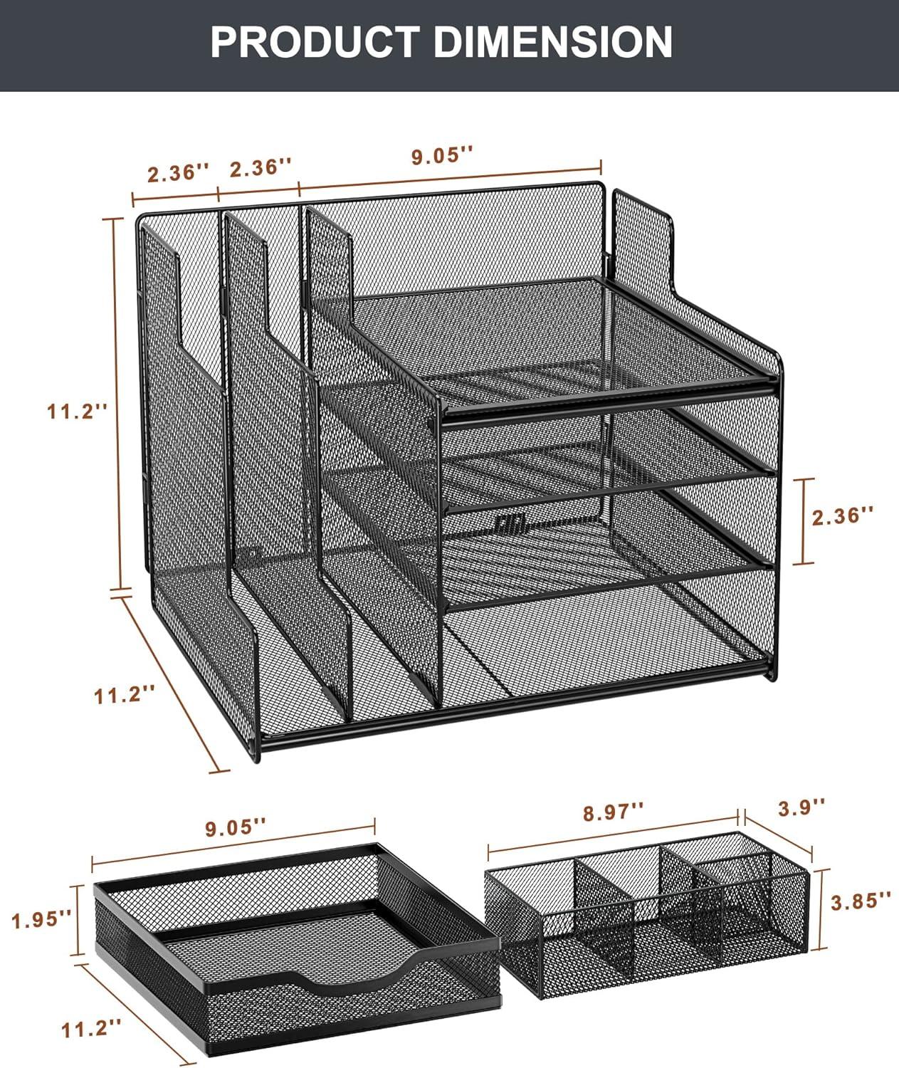 VIVSOL Desk Organizer with Mesh File Holder, 4-Tier Office Supplies Desk Organizers and Accessories with Sliding Drawers & Pen Holder, Desk File Organizer and Storage for Office, School, Home, Black