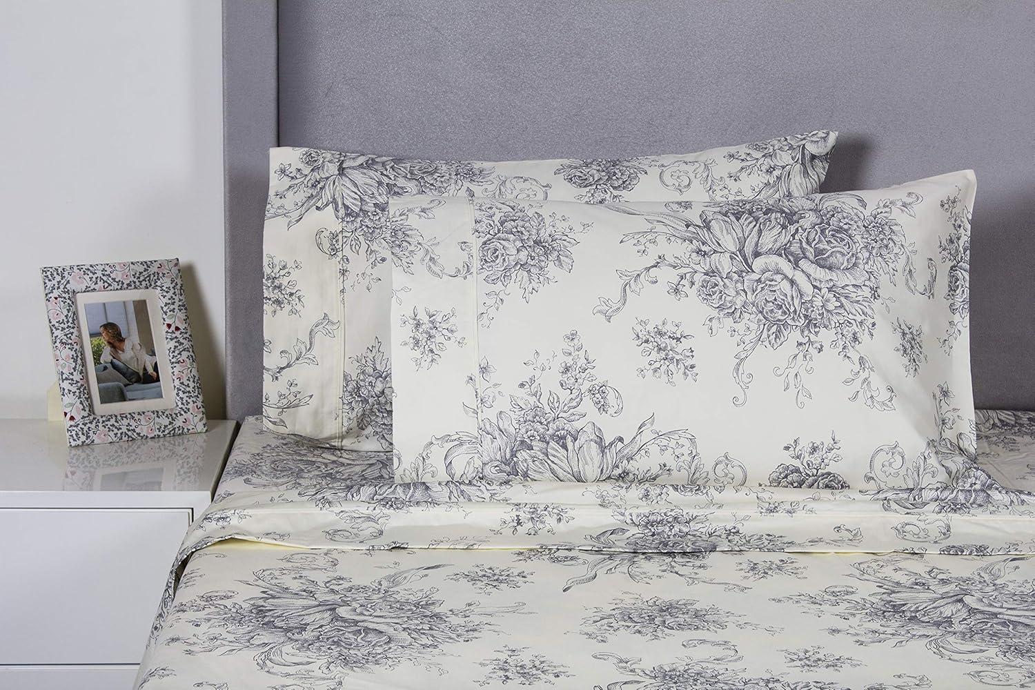 King Gray Cotton Flannel Toile Print Sheet Set