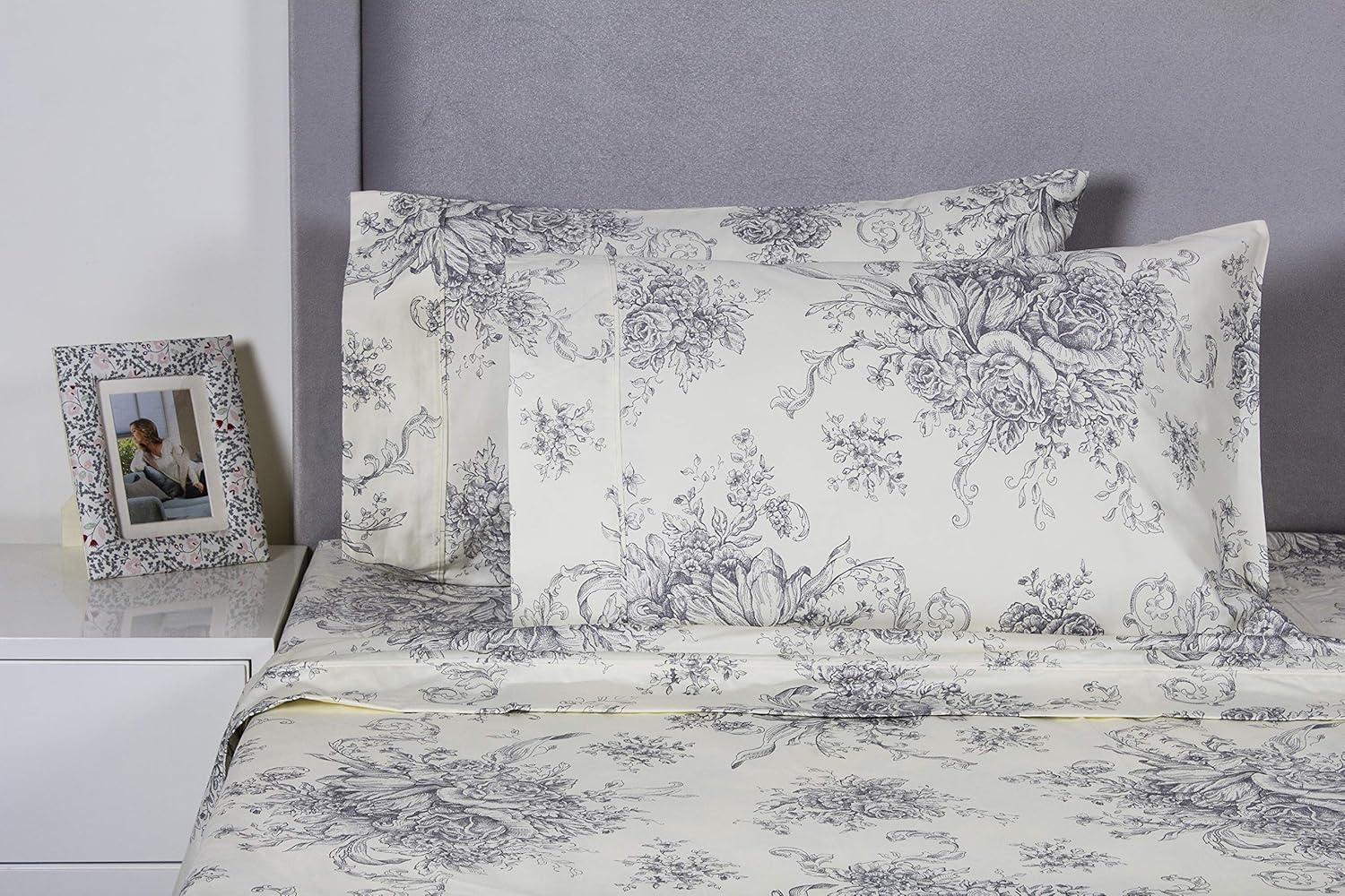 Melange Home Printed Design Cotton Collection 400 Thread Count Light Blue Toile Duvet Set King - Cal King 3 Piece