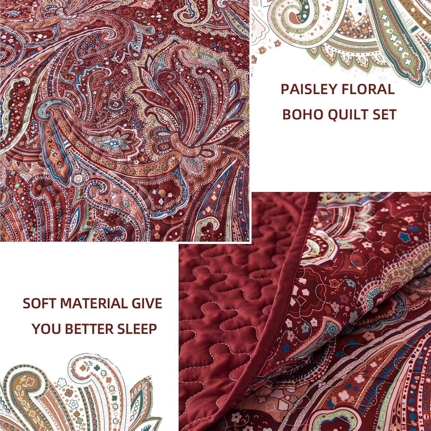 DJY Red Paisley Quilt Set Queen Size Boho Quilt Bedspread Set 3 Pieces, Soft Lightweight Microfiber Coverlet Set Burgundy Paisley Floral Pattern Bedding for All Season, 96''x90''