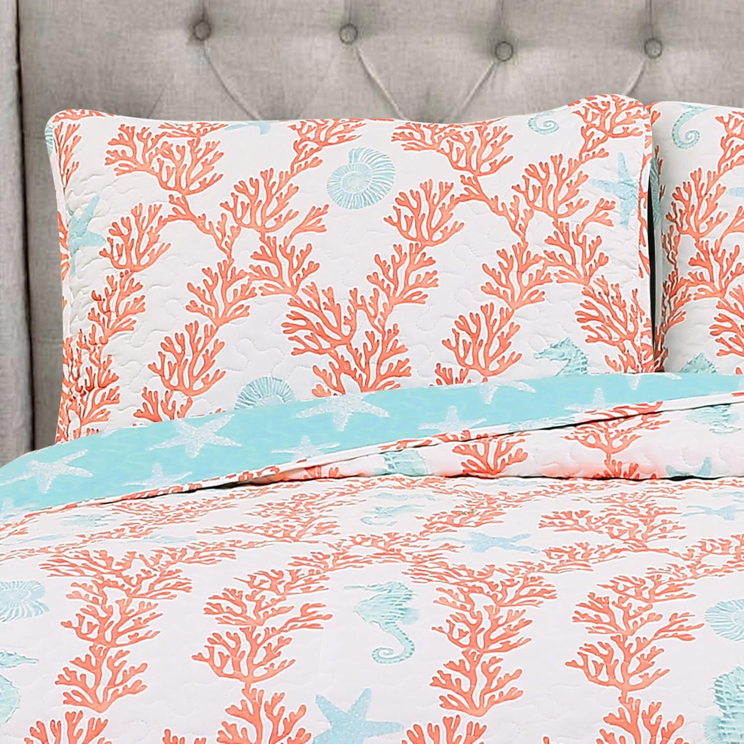 Dina Coral Cotton 3 Piece Reversible Quilt Set