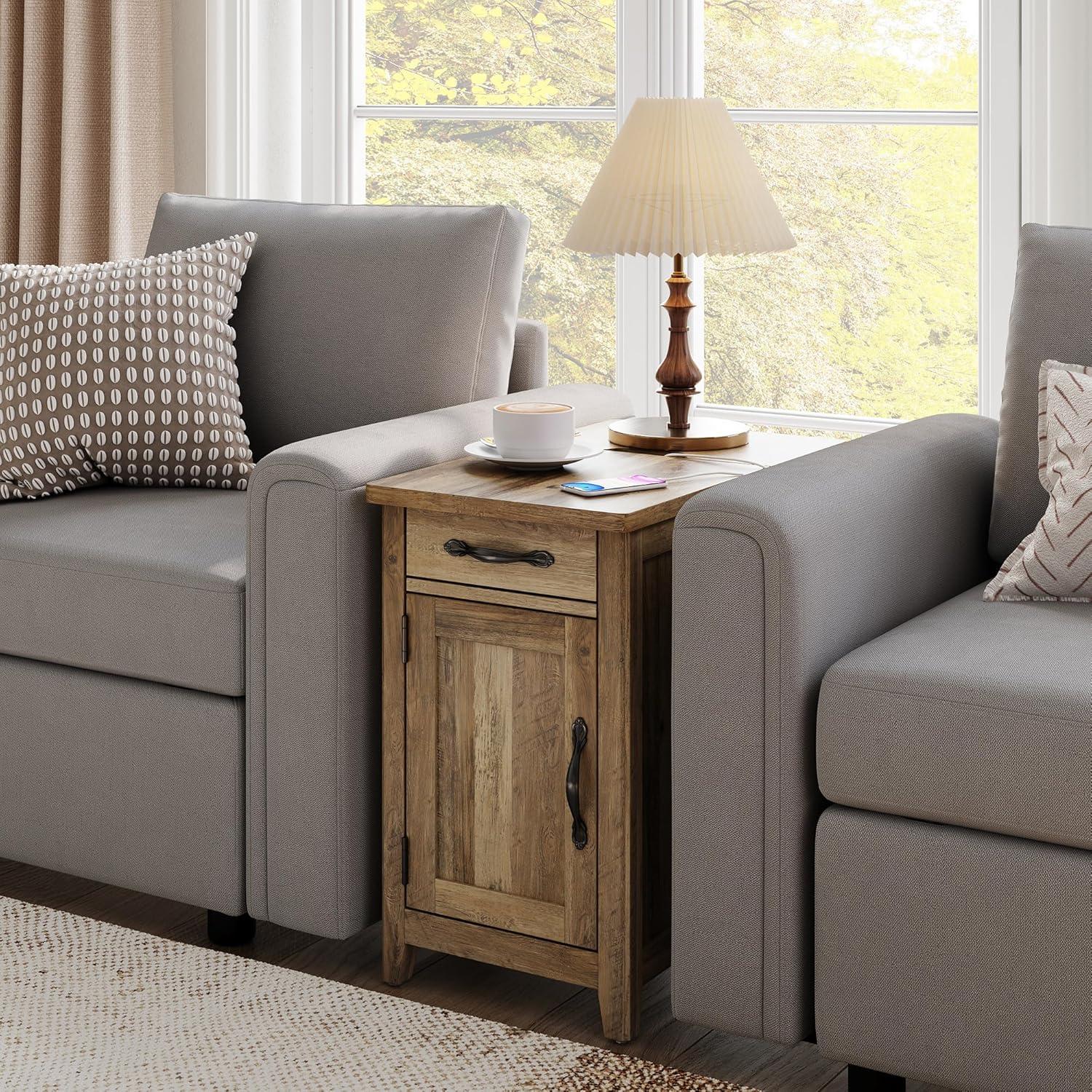 Farmhouse Brown Wood End Table with Charging Station and Drawer