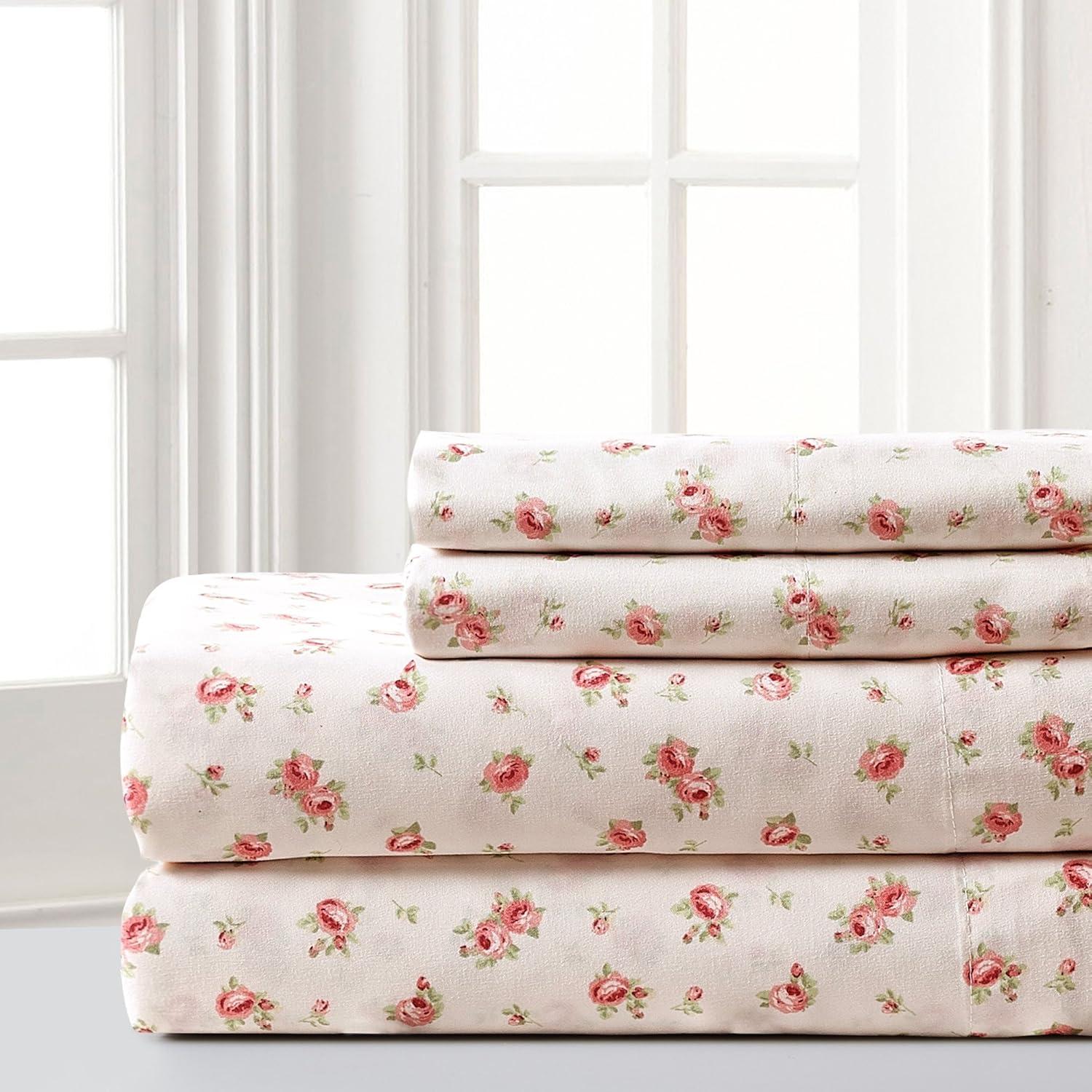 Ivory Floral Microfiber Full Sheet Set with Pillowcases