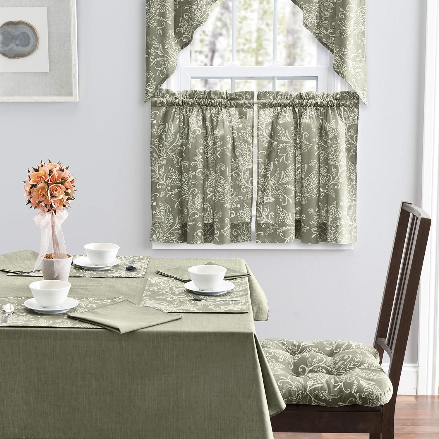 Ellis Curtain Lexington Leaf Pattern on Colored Ground Tailored Swags 56"x36" Sage