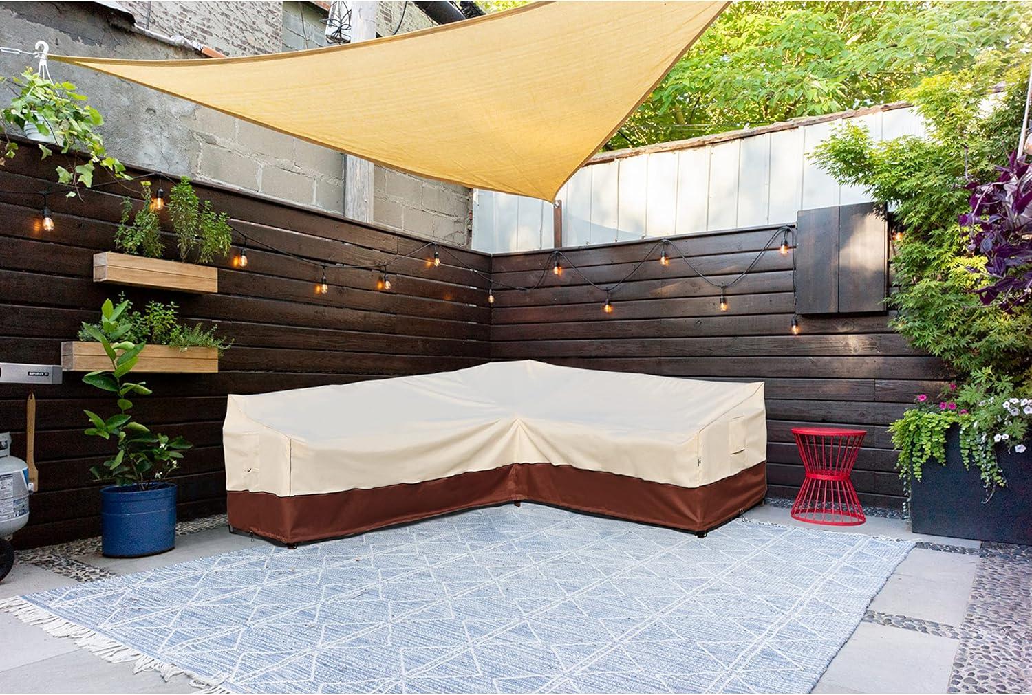 Outdoor Sectional Cover-V-Shaped Garden Patio Furniture Covers Waterproof Rip-Stop Anti-UV 600D Heavy Duty Outdoor Couch Cover with 3 Air Vents Sofa Cover 85''L 33.5''D 31''H,Beige & Reddish Brown