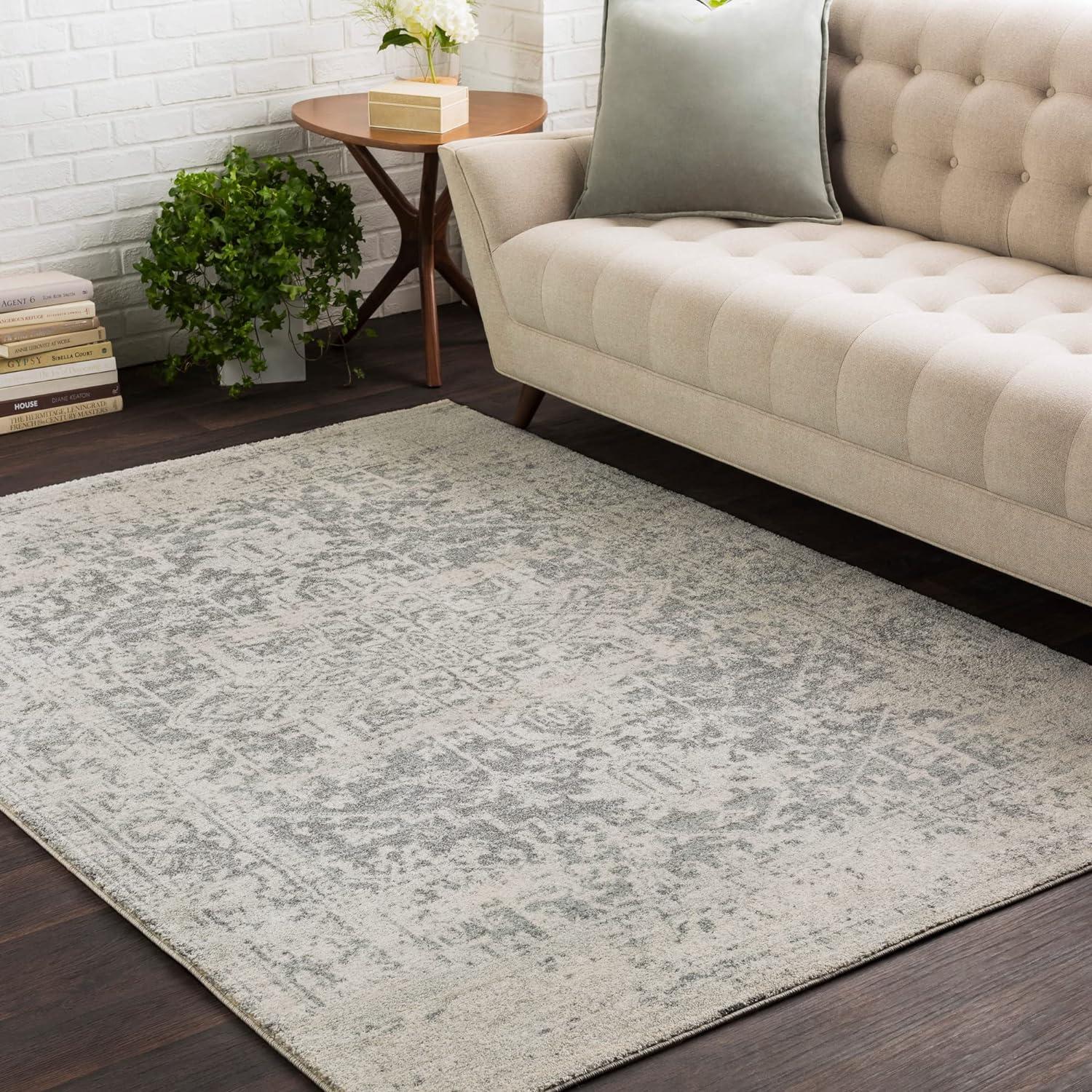 Gray Floral Motif Low Pile Runner Rug