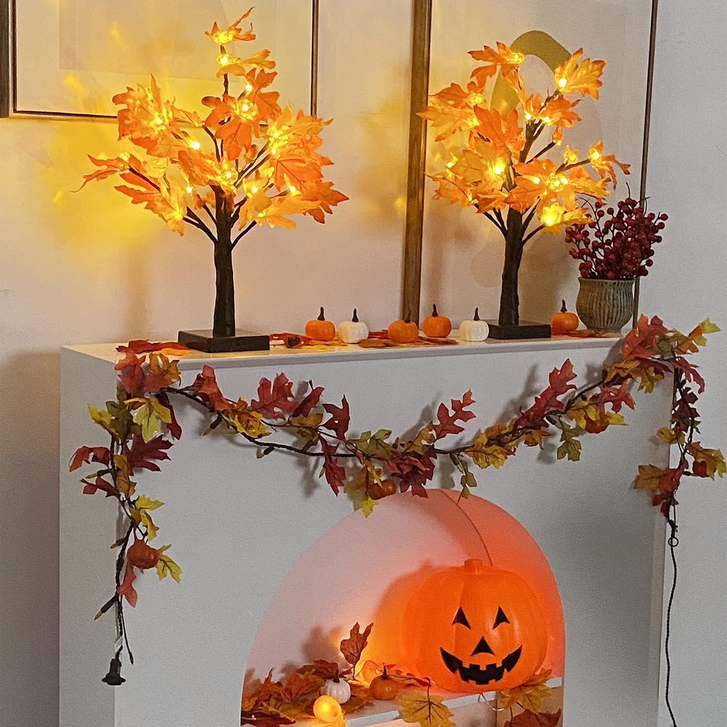 2 Pack 18 Inch Prelit Fall Maple Tree with 48 LEDs Timer Battery Operated Lighted Pumpkins 6 Acorns Tabletop Artificial Autumn Fall Home Indoor