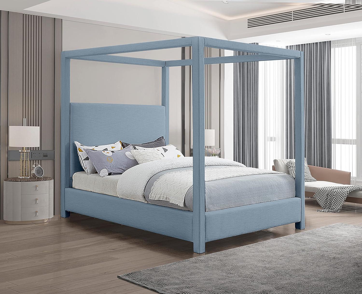 Meridian Furniture Emerson Sky Blue Linen Textured Fabric Queen Bed