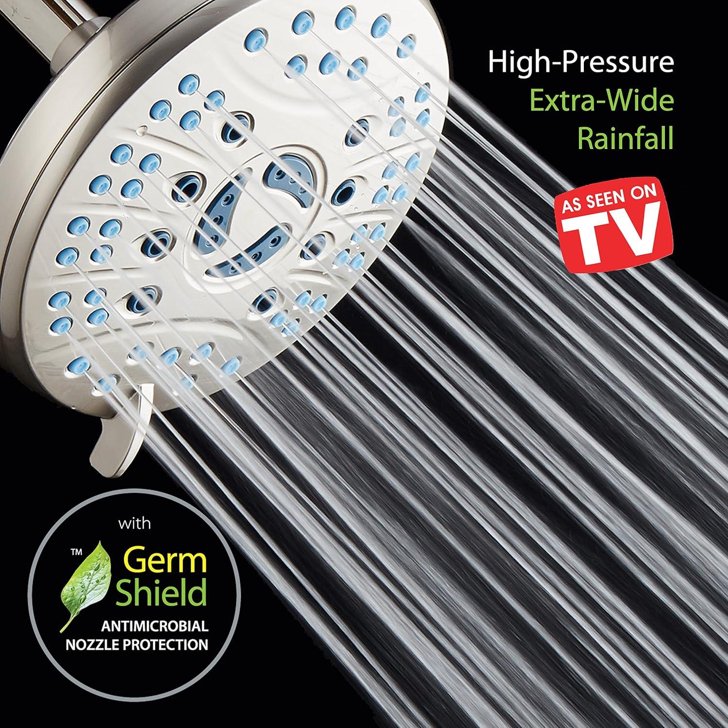 AquaCare AS-SEEN-ON-TV High Pressure 6-setting 6 inch Rainfall Shower Head with GermShield Anti-clog Nozzles Brushed