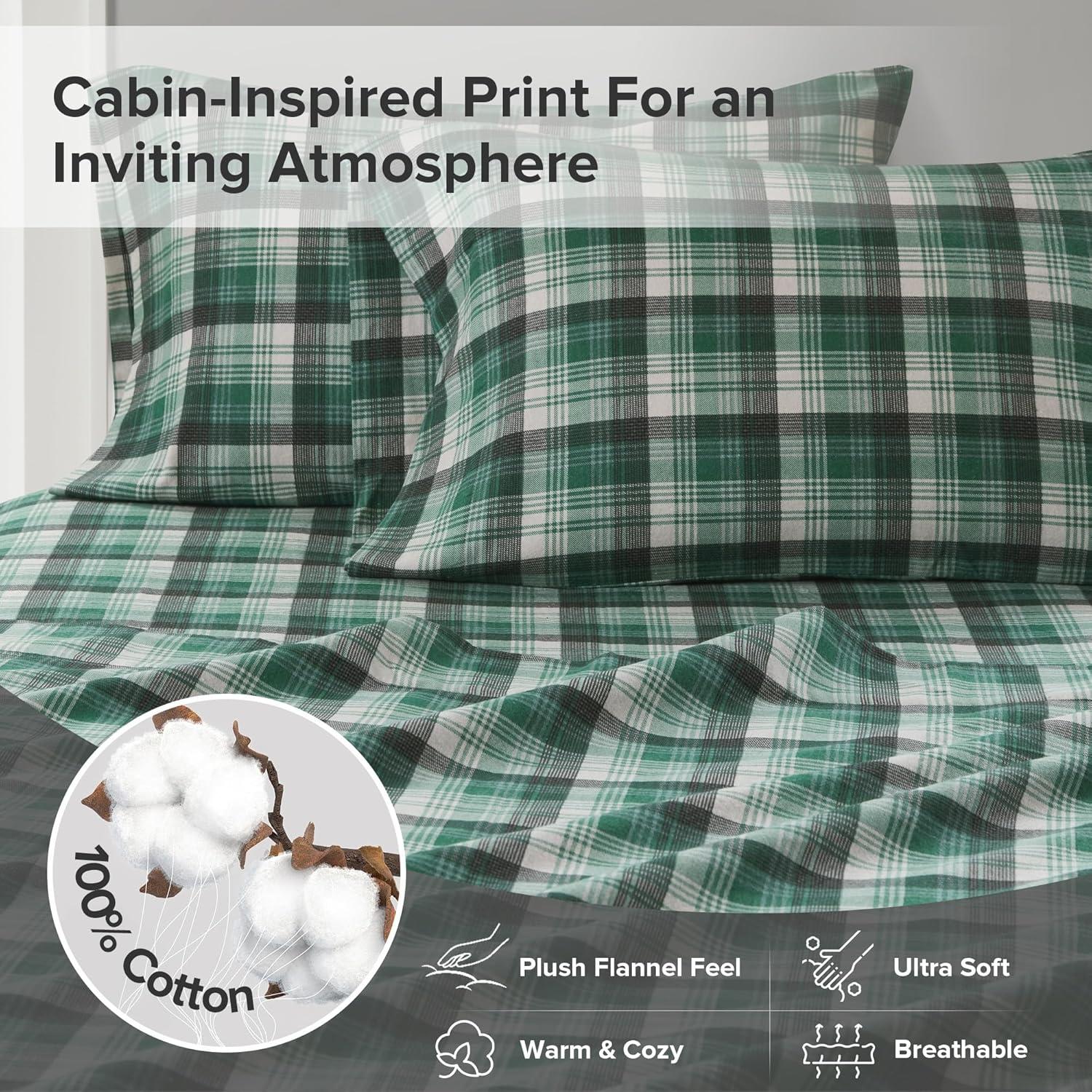King Patterned Flannel Sheet Set Green Plaid