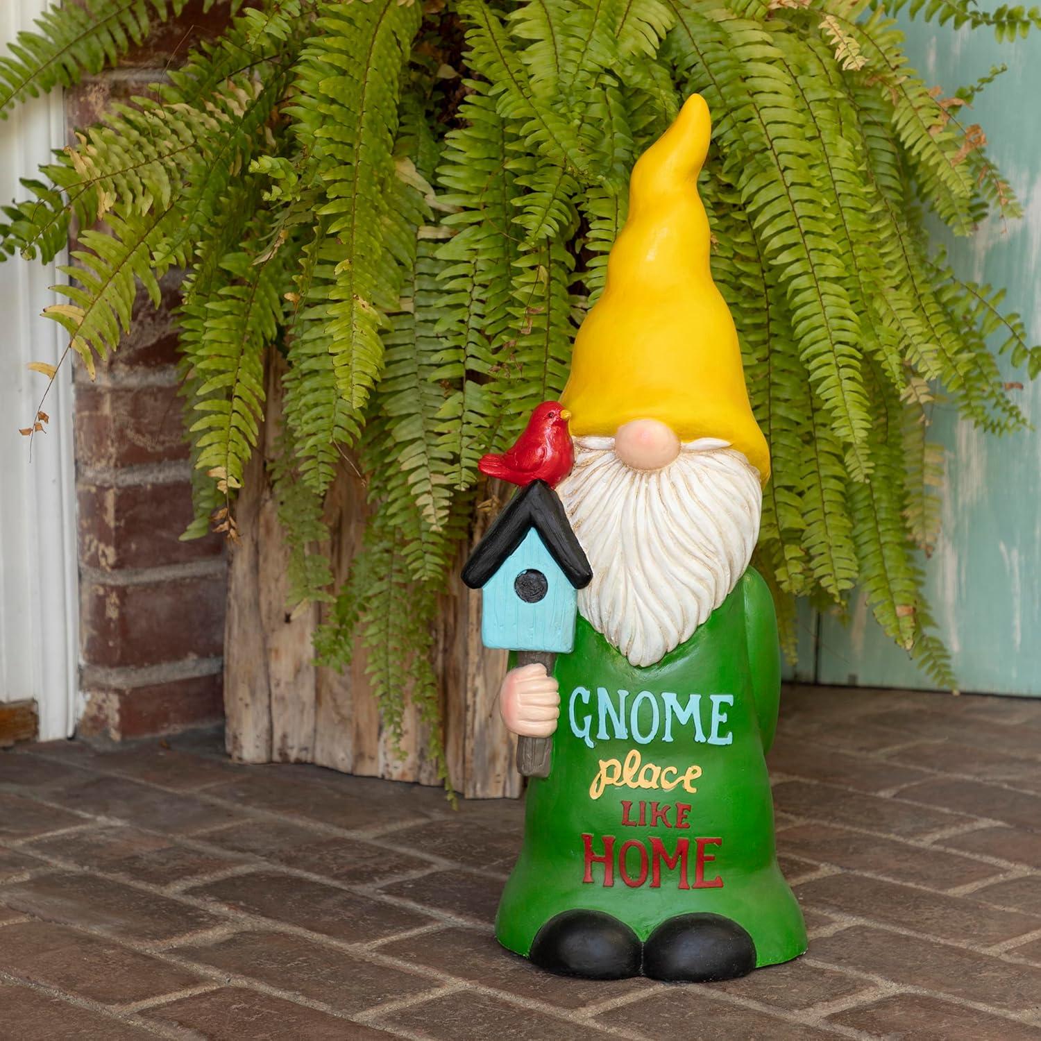 24" Magnesium Oxide "Gnome Place Like Home" Indoor/Outdoor Garden Gnome Statue Green/Yellow - Alpine Corporation