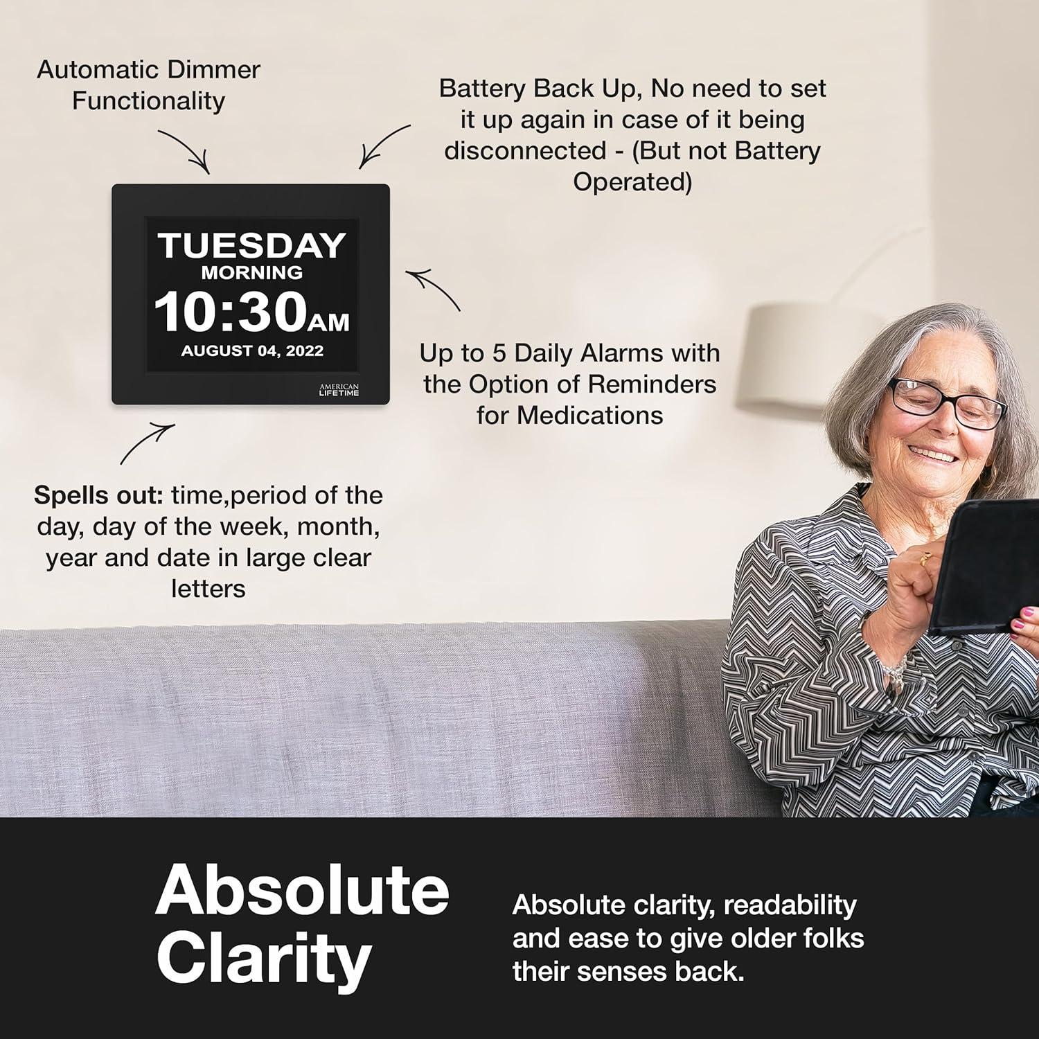 American Lifetime, Premium Version, Day Clock Extra Large Impaired Vision Digital Clock with Battery Backup and 5 Alarm Options, Limited Edition Black Polished Metal Frame