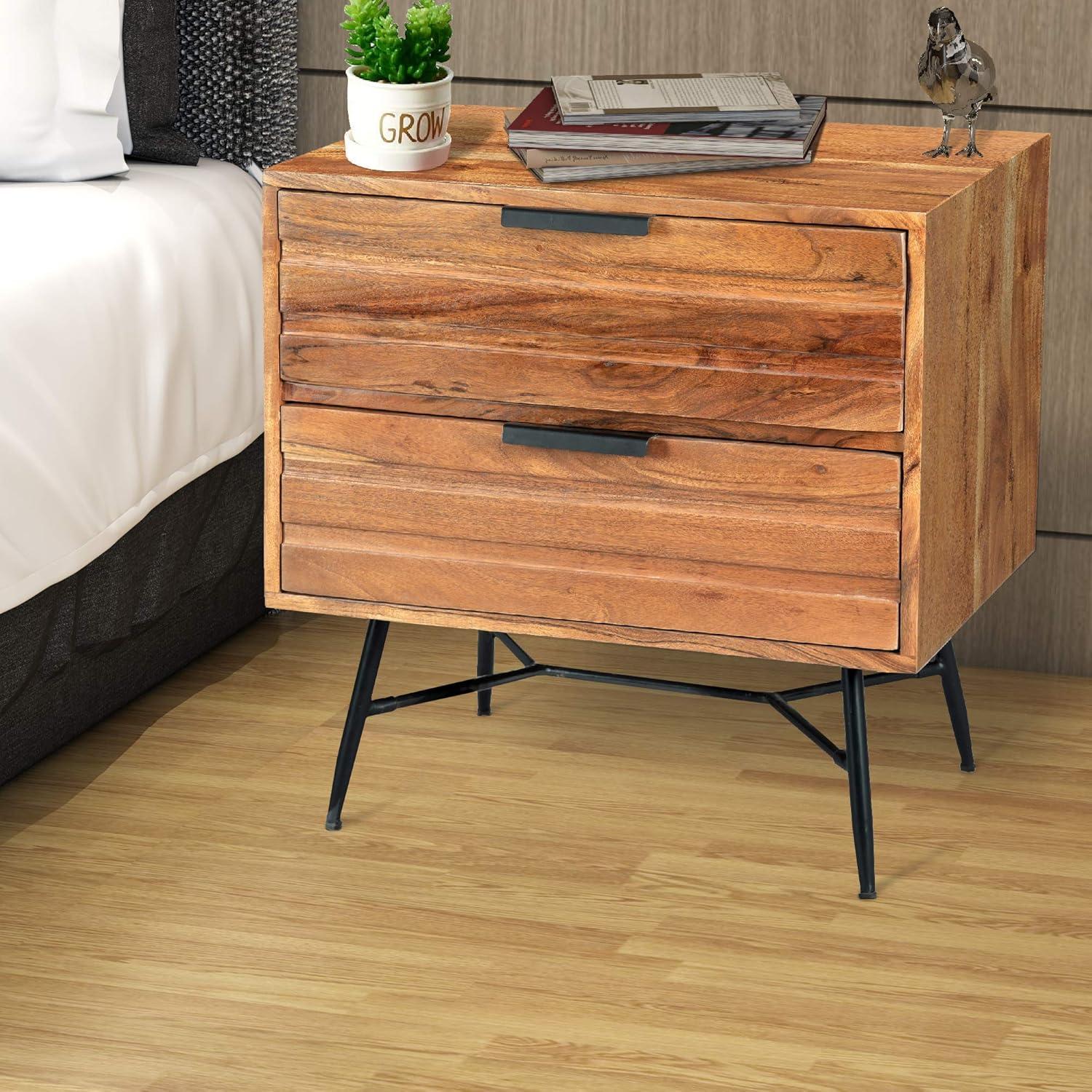 Luxury Acacia Wood 2-Drawer Nightstand with Metal Legs, Black and Brown