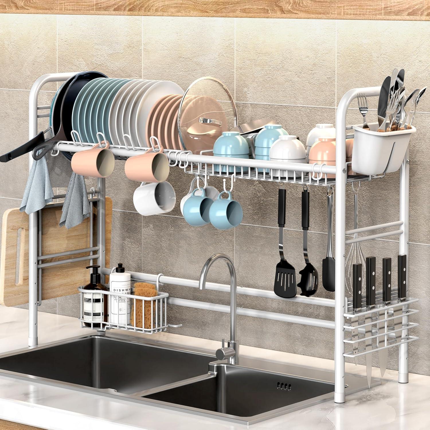 White Metal Over-the-Sink Dish Drying Rack with Hooks