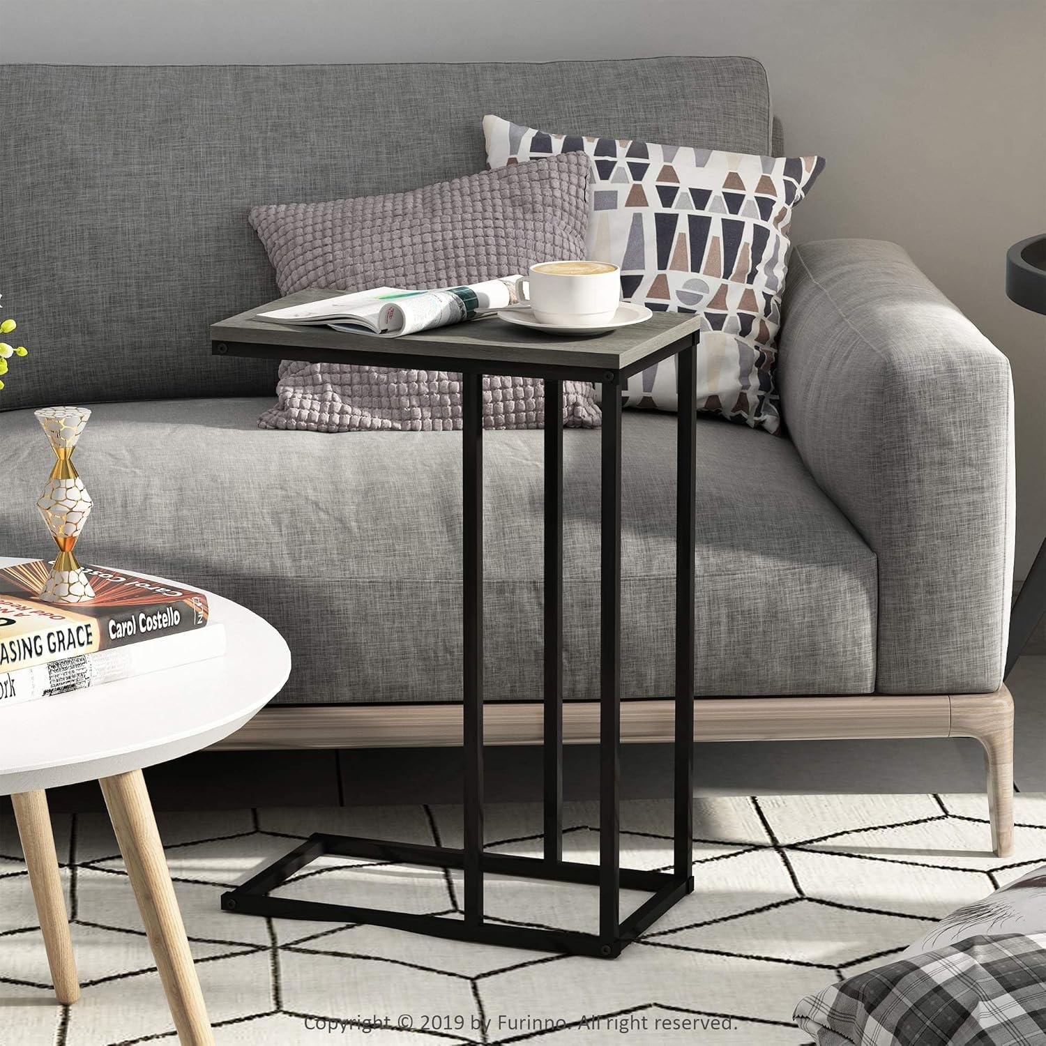 Sleek French Oak Grey Wood & Metal Modern Sofa Side Table