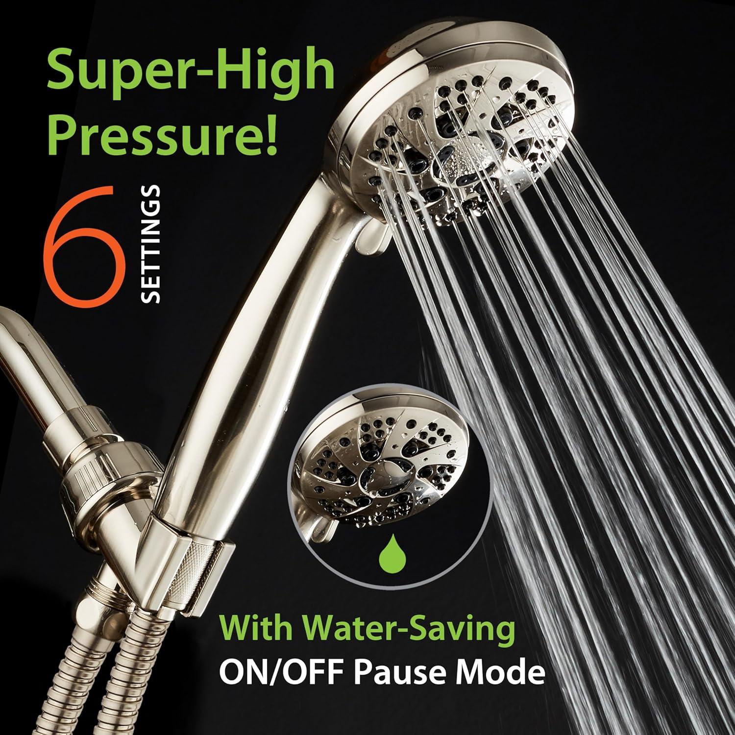 Brushed Nickel 6-Setting Handheld Shower Head with Stainless Steel Hose