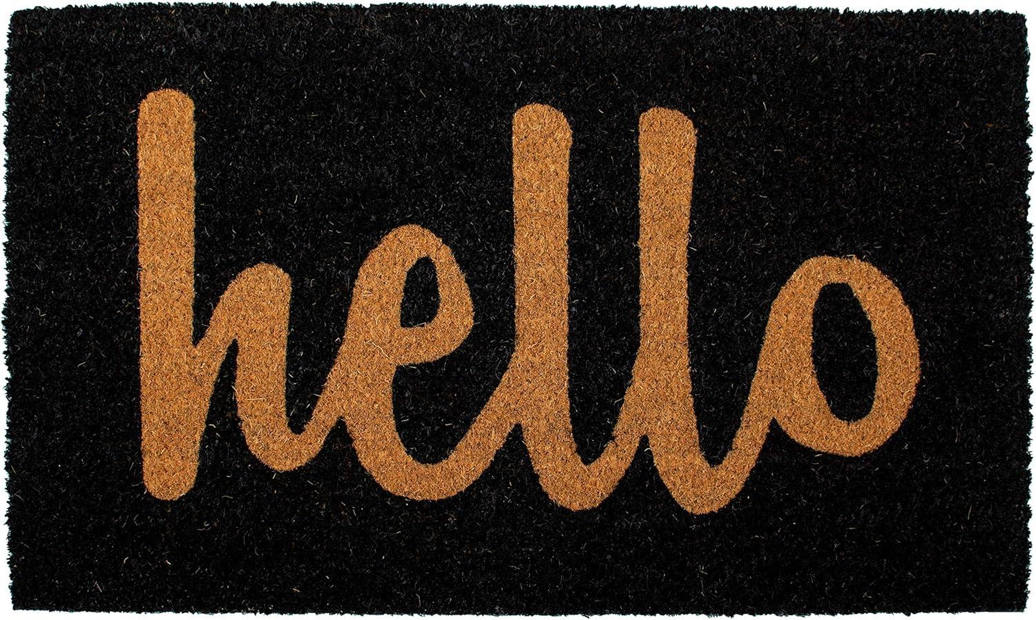 Hello Script Black and Natural Coir Outdoor Doormat 17" x 29"