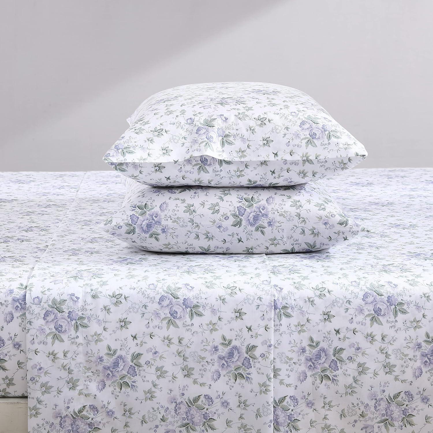 Queen Blue Floral Cotton Sateen Sheet Set