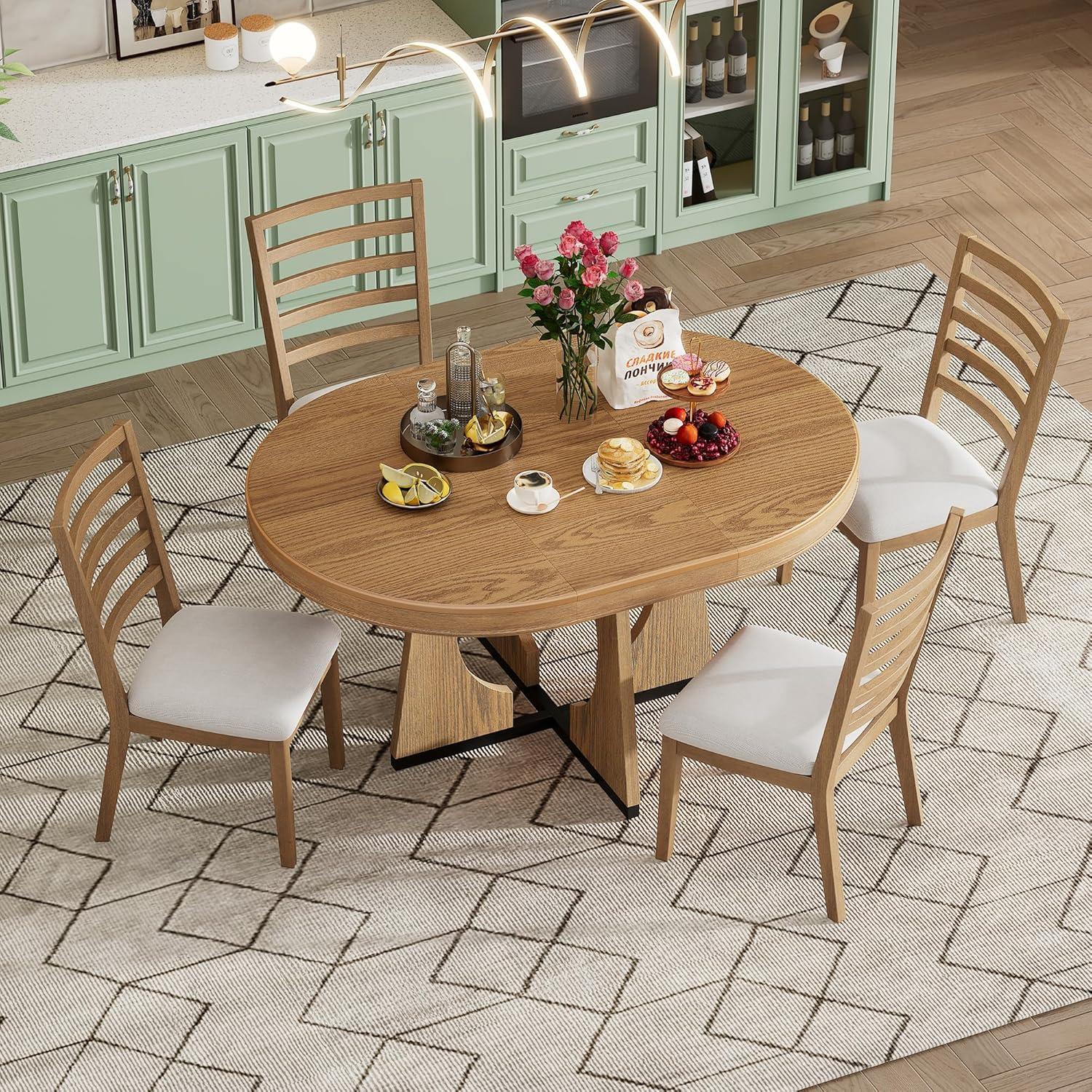 Natural Wood Extendable Round Dining Table Set with 4 Upholstered Chairs