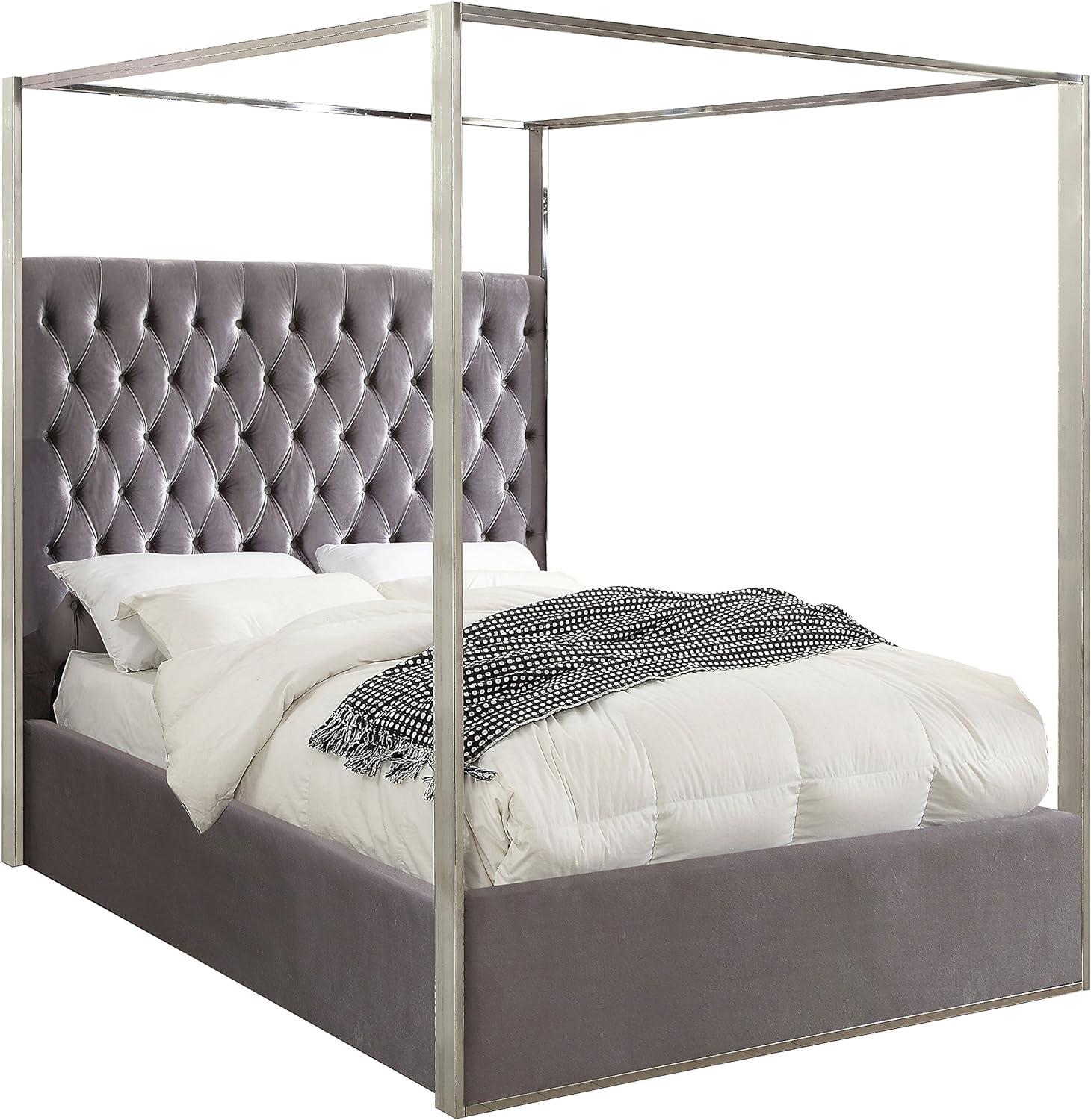 Regal Grey Velvet Tufted Queen Canopy Bed with Chrome Frame