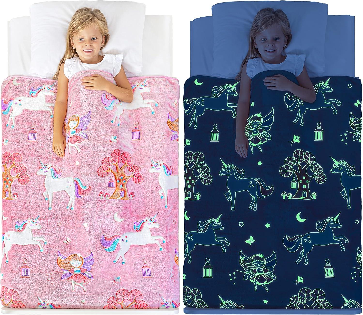 Glow in The Dark Unicorn Blanket for Girls – Soft Pink Fleece Throw. Great Christmas, Birthday, Baby, Toddler Unicorn Gifts! Premium Fuzzy Blanket with Fairy, Butterfly, Stars. Bright Long-Last Glow