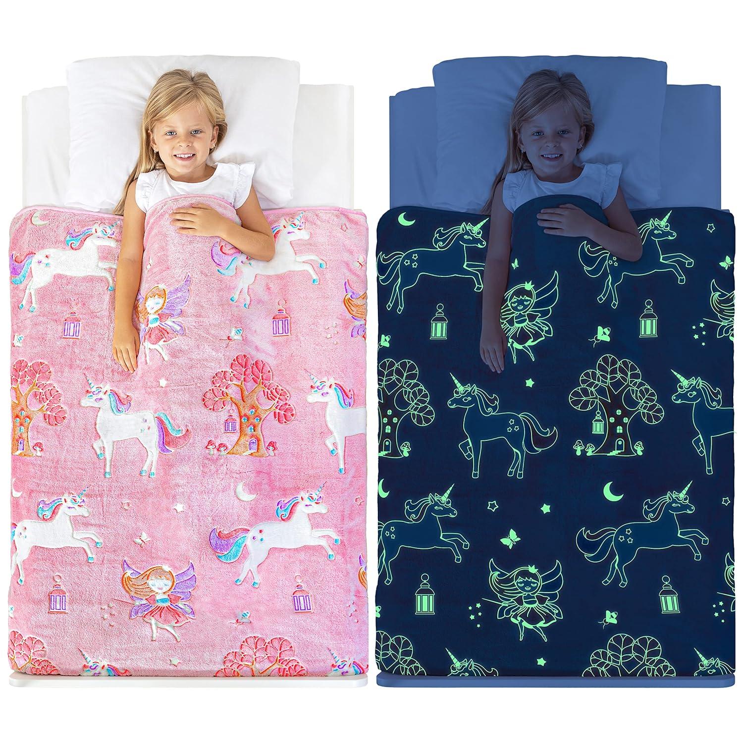 Glow in The Dark Unicorn Blanket for Girls – Soft Pink Fleece Throw. Great Christmas, Birthday, Baby, Toddler Unicorn Gifts! Premium Fuzzy Blanket with Fairy, Butterfly, Stars. Bright Long-Last Glow