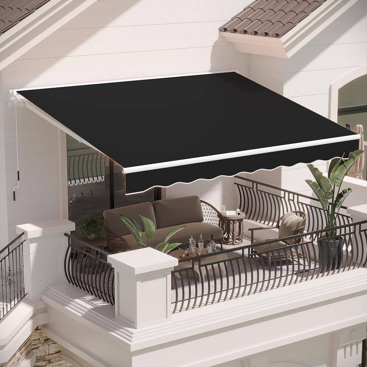 Black Polyester Retractable Patio Awning with Crank Handle