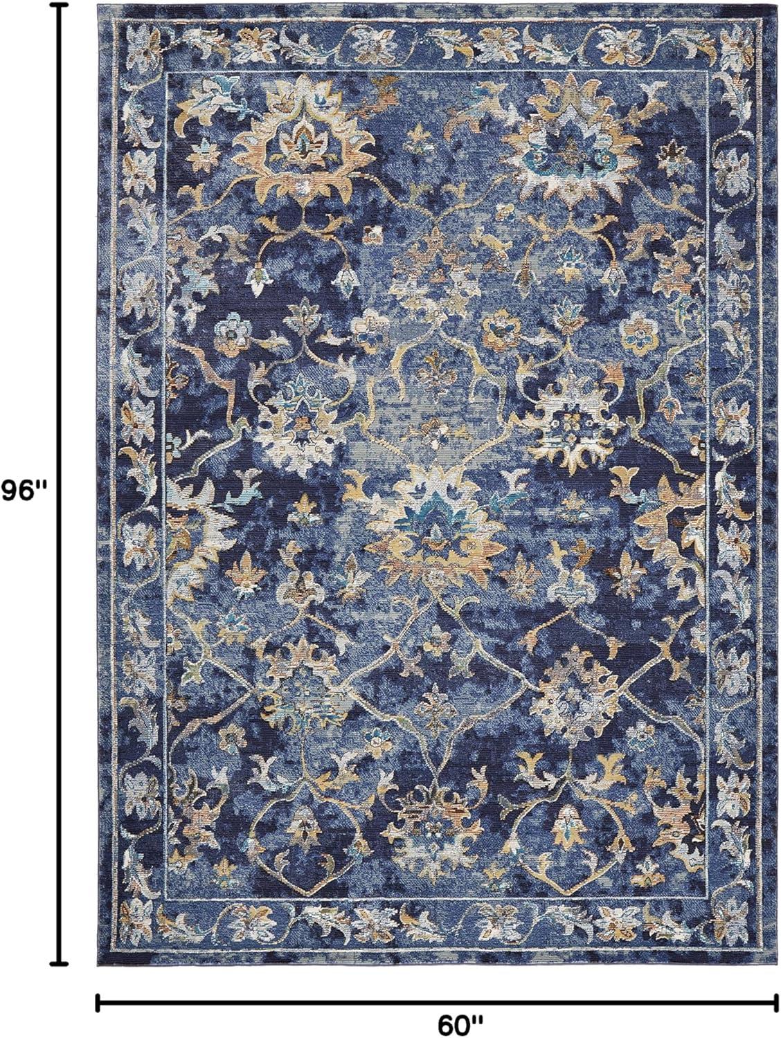 LR Home Ada 5' x 8' Indigo Bordered Floral Adult Durable Indoor Area Rug