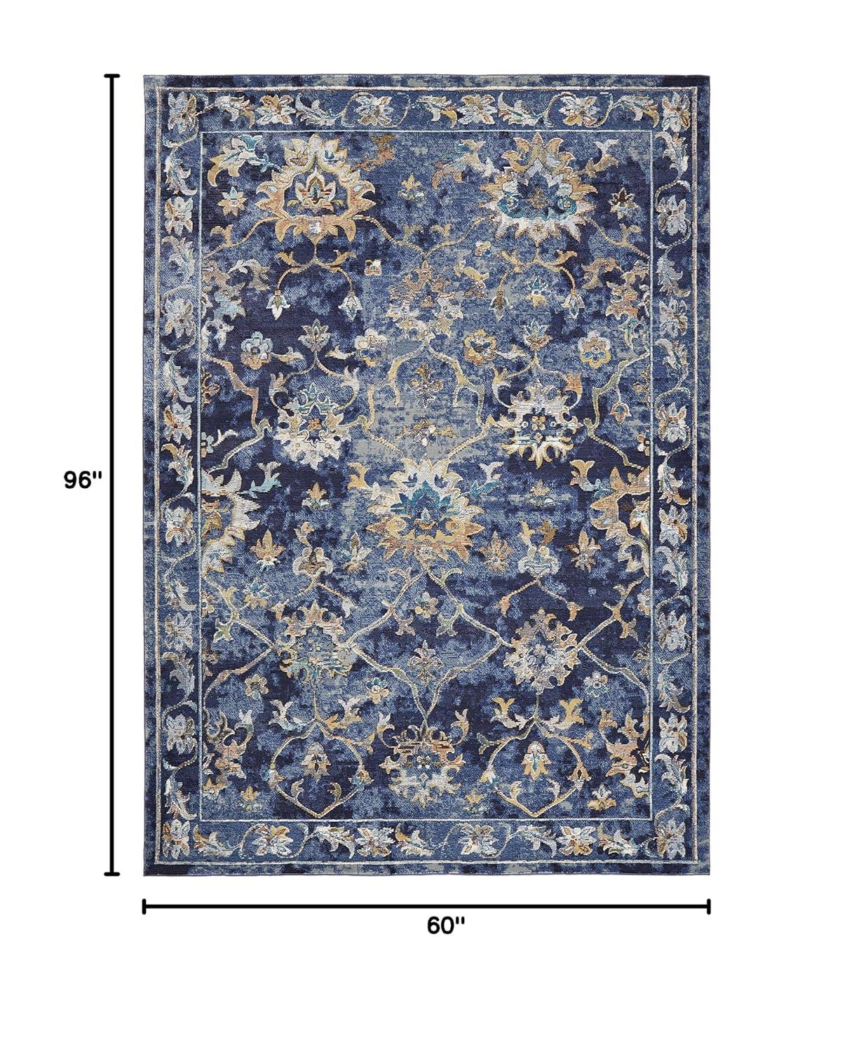 LR Home Ada 5' x 8' Indigo Bordered Floral Adult Durable Indoor Area Rug
