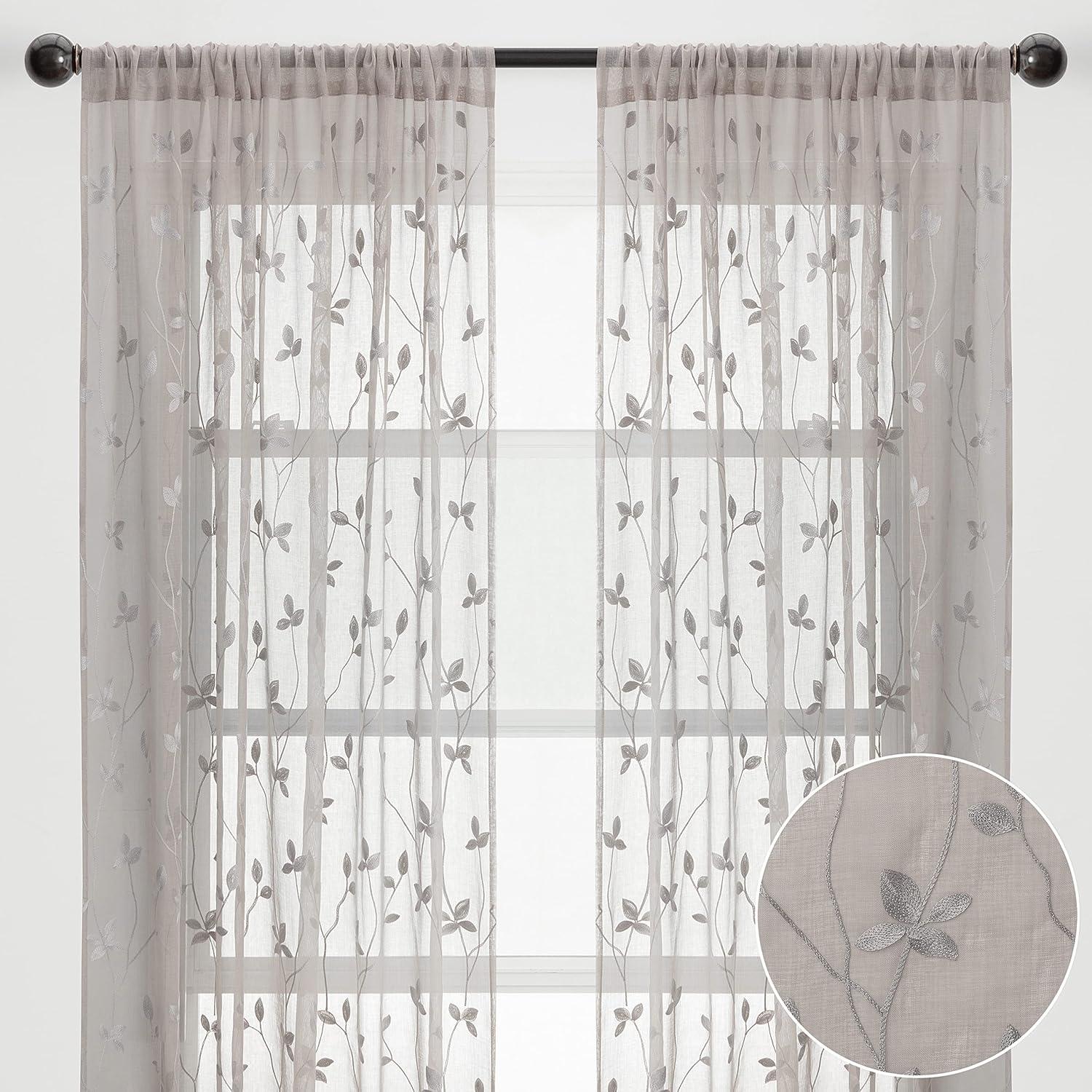 Chanasya 2pk Embroidered Vine Sheer Window Curtain Panels - Set of 2 - 52 x 96 Inches Long - Taupe