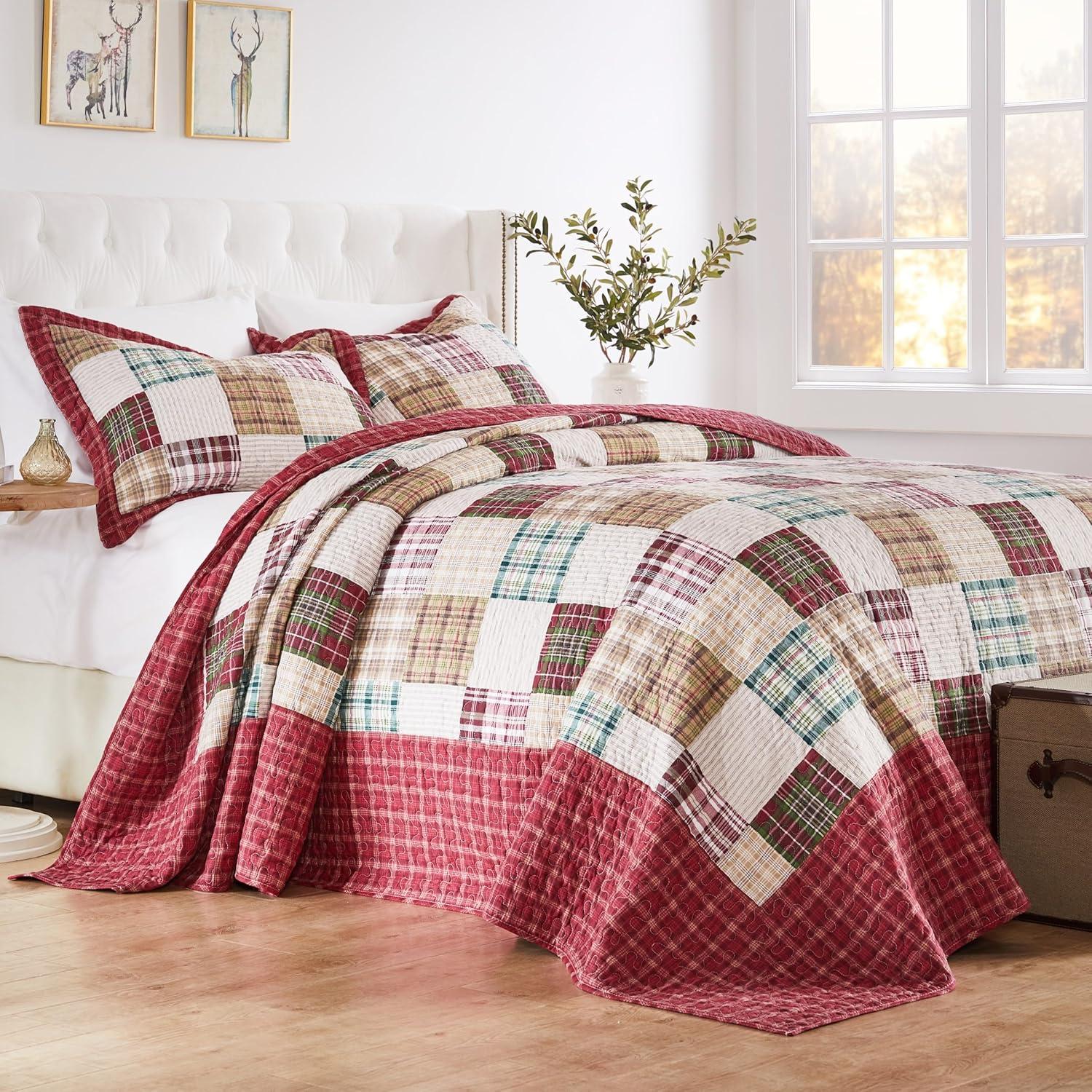 Greenland Home Fashions 3pc Oxford 100% Cotton Traditional Bedspread Bedding Set Red